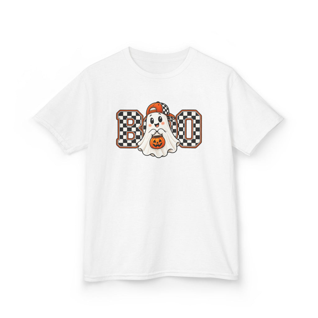 Kids (hat) Halloween 'Boo' Ghost T-Shirt — Checkered Pumpkin Costume Tee