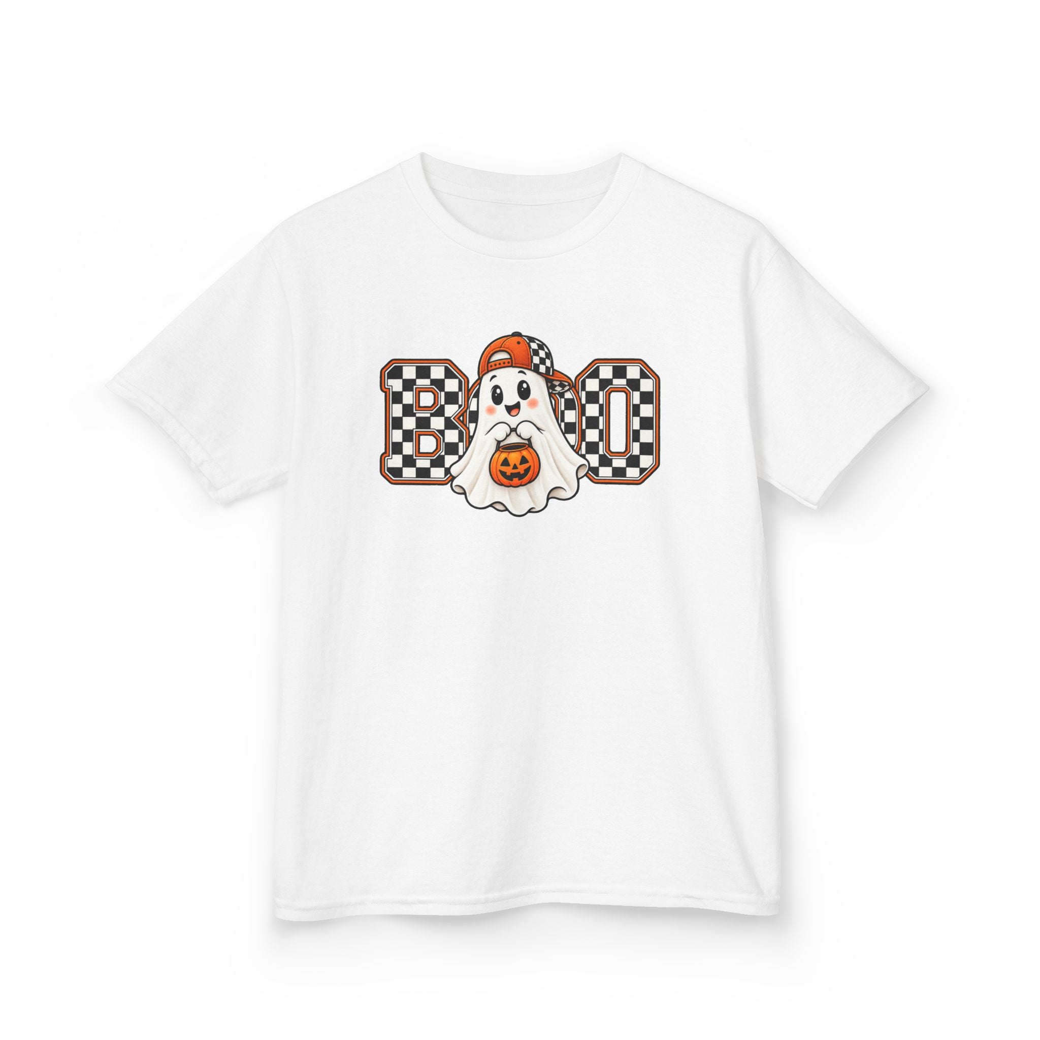 Kids (hat) Halloween 'Boo' Ghost T-Shirt — Checkered Pumpkin Costume Tee