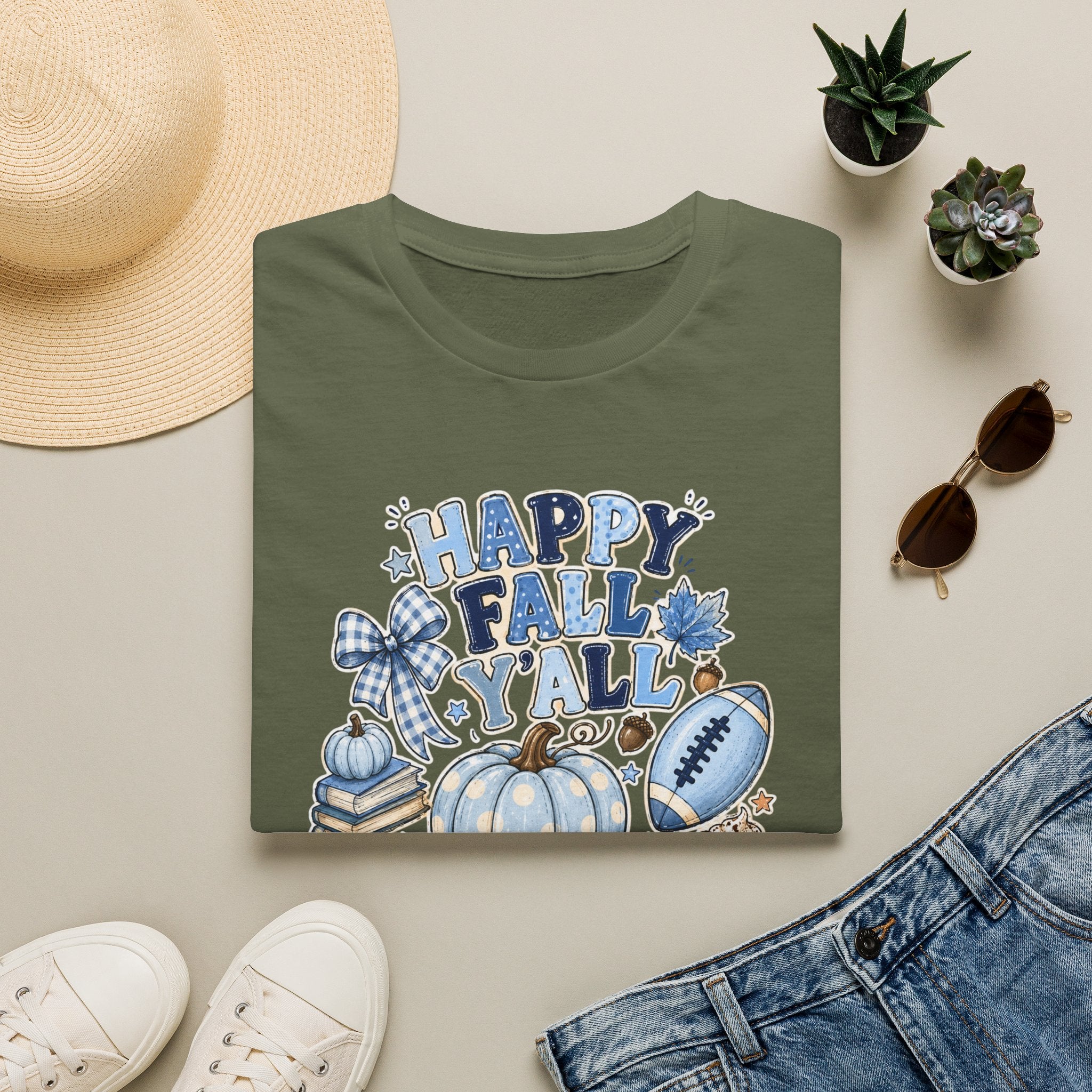 Happy Fall Y'all T-Shirt — Blue Pumpkin & Football Autumn Tee