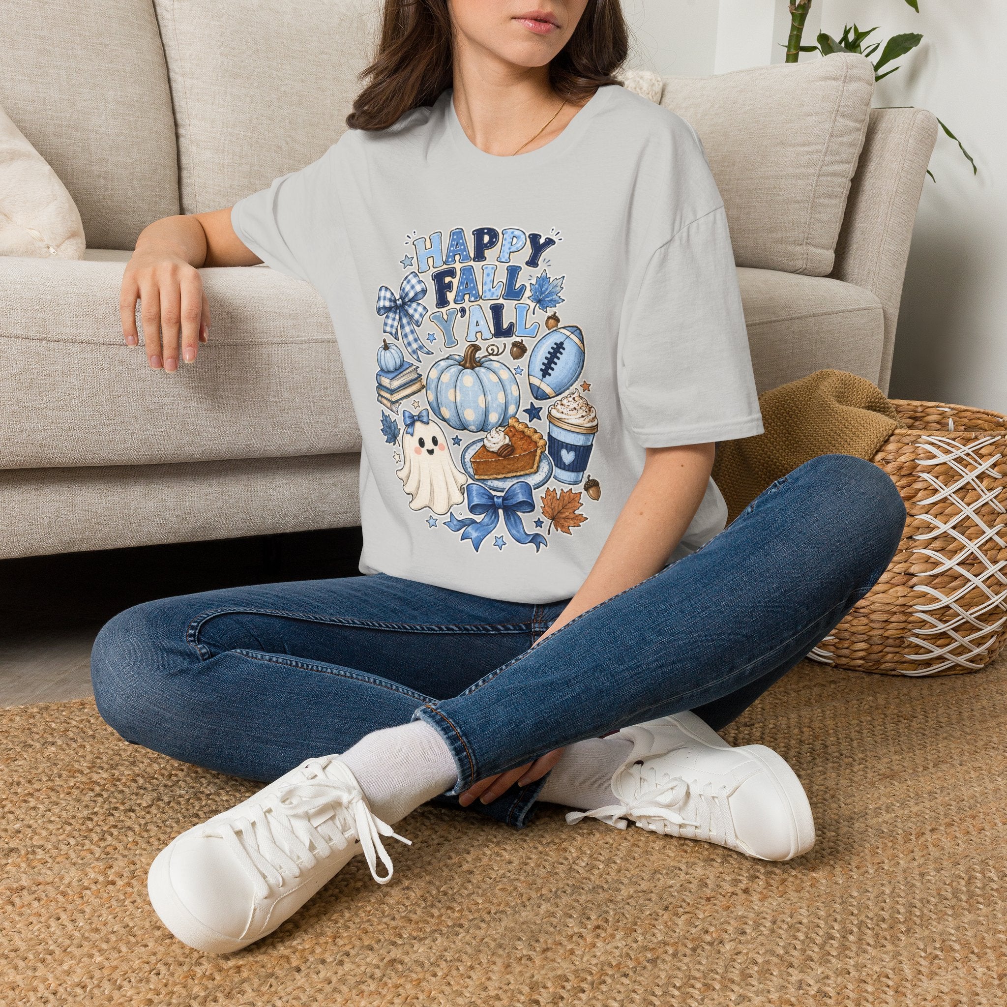 Happy Fall Y'all T-Shirt — Blue Pumpkin & Football Autumn Tee