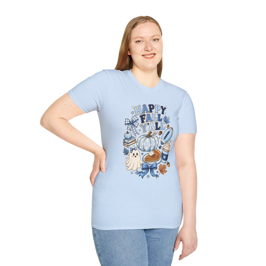 Happy Fall Y'all T-Shirt — Blue Pumpkin & Football Autumn Tee