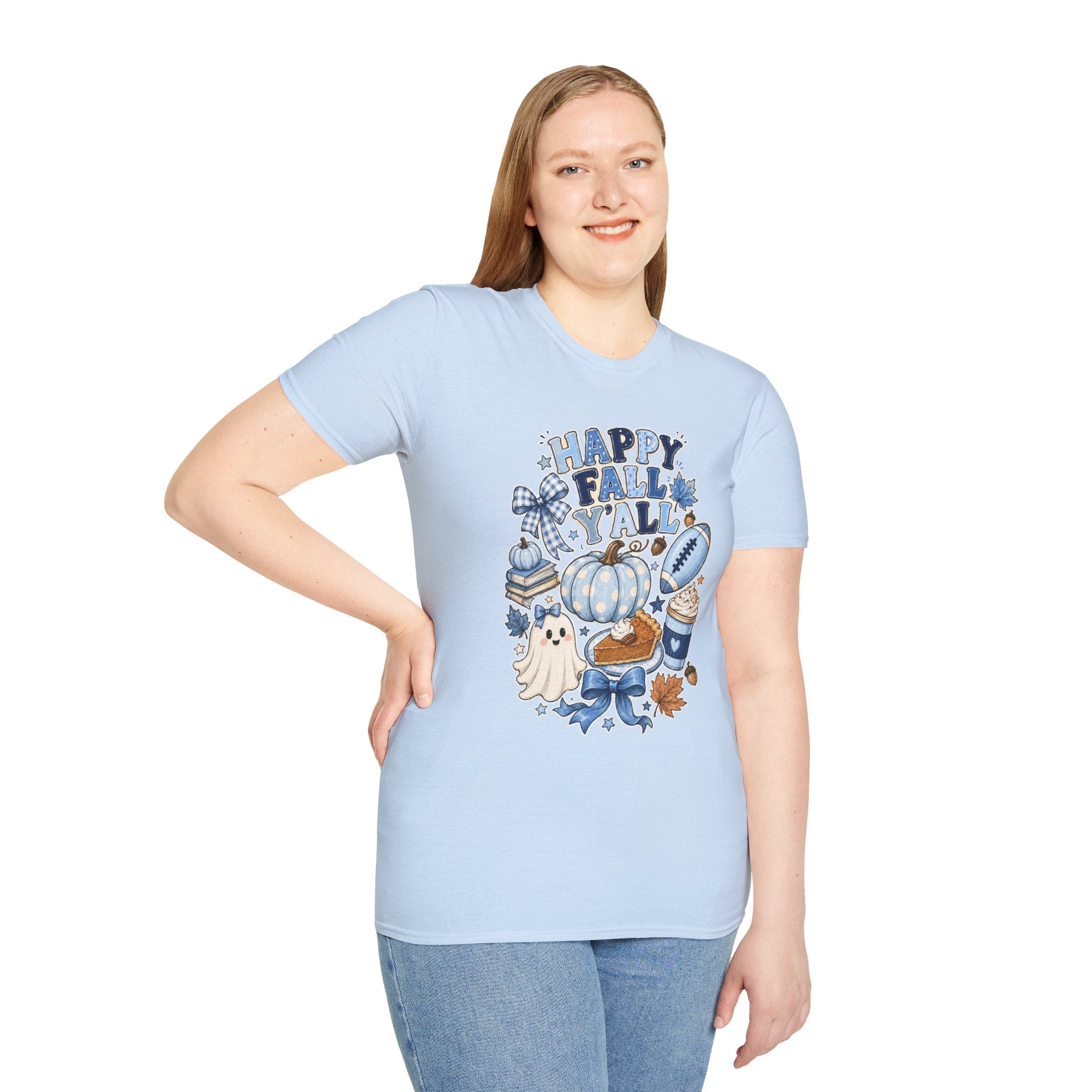 Happy Fall Y'all T-Shirt — Blue Pumpkin & Football Autumn Tee