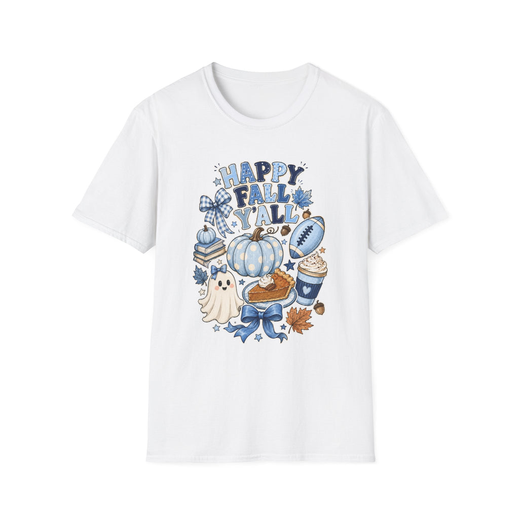 Happy Fall Y'all T-Shirt — Blue Pumpkin & Football Autumn Tee