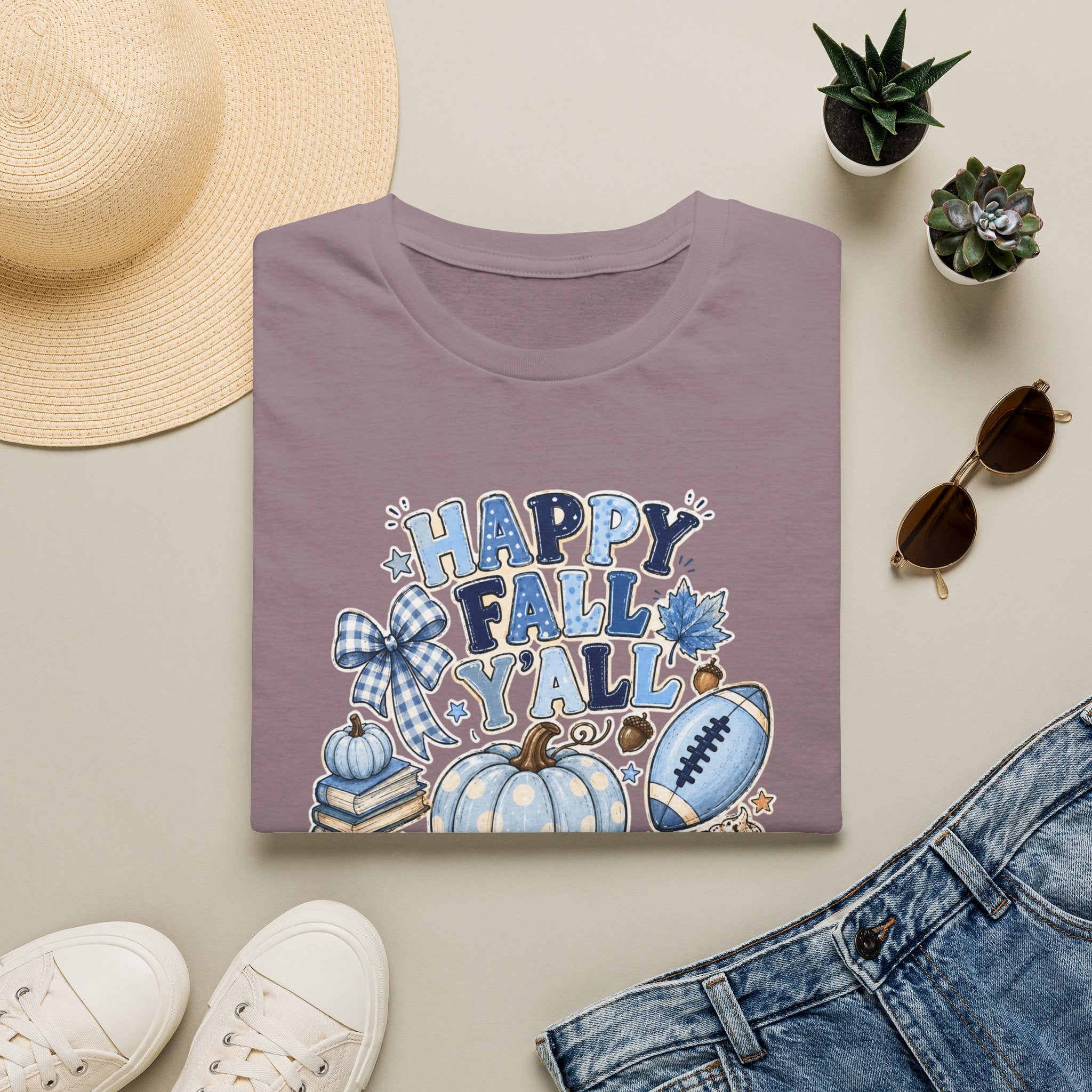 Happy Fall Y'all T-Shirt — Blue Pumpkin & Football Autumn Tee