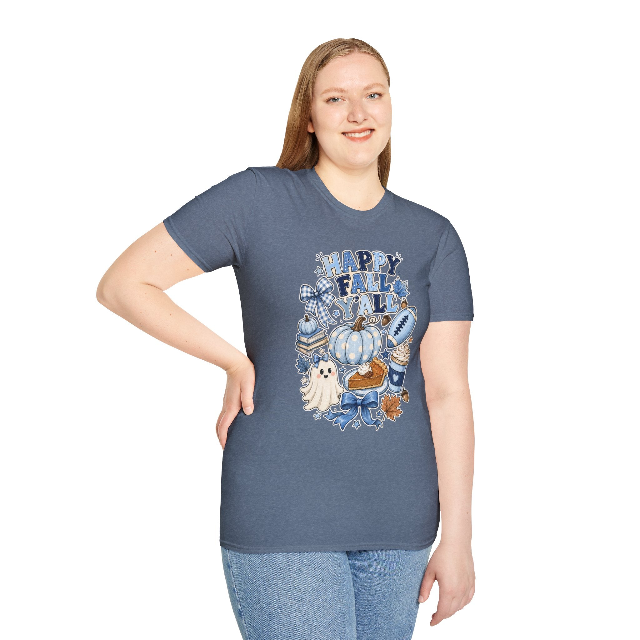 Happy Fall Y'all T-Shirt — Blue Pumpkin & Football Autumn Tee