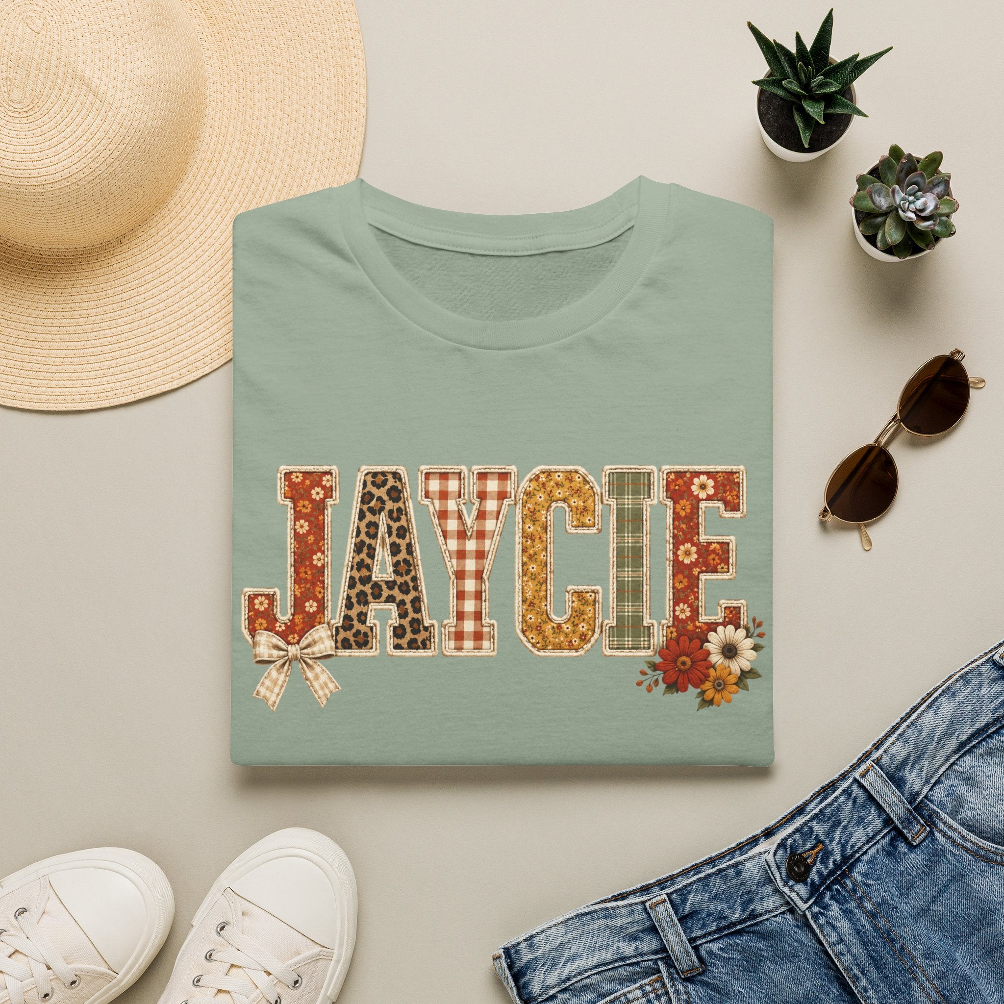 Personalized 'JAYCIE' Floral Plaid Name T-Shirt — Fall Patchwork Monogram Tee