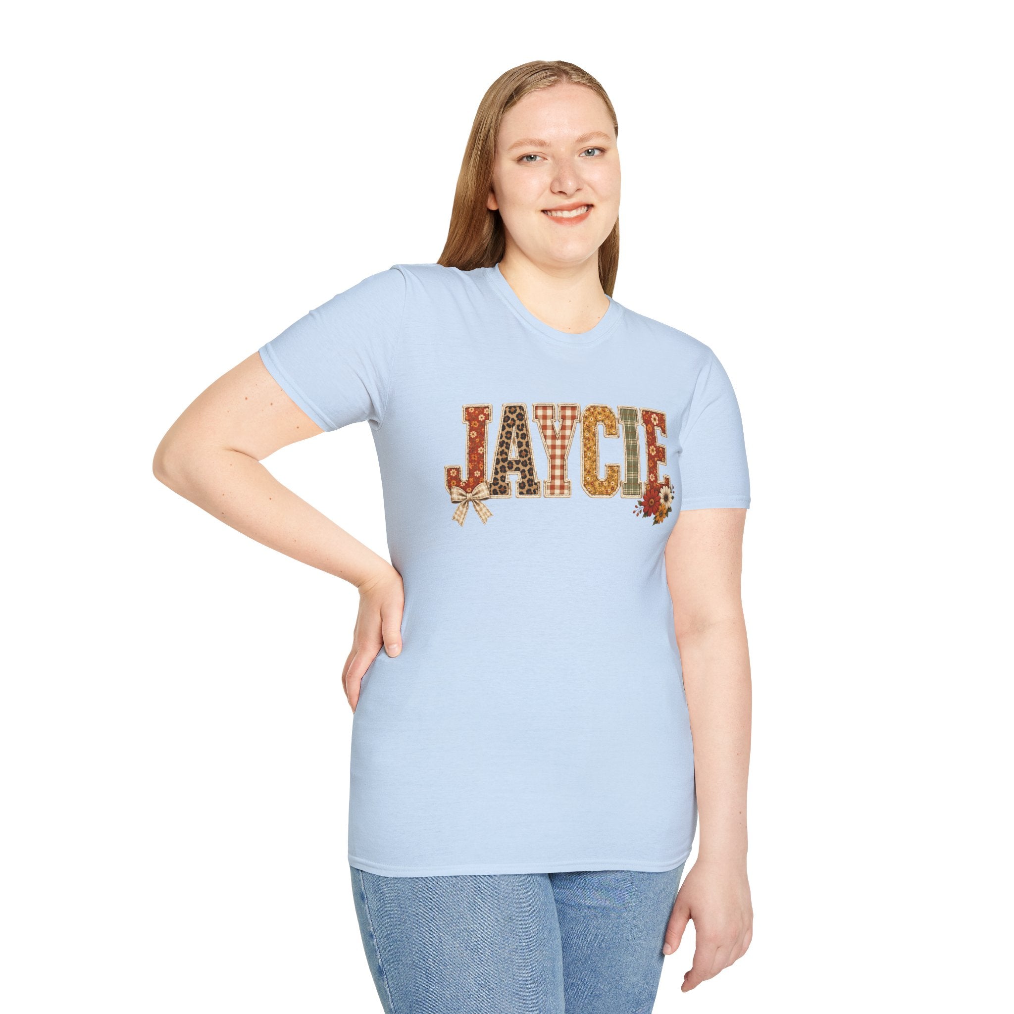 Personalized 'JAYCIE' Floral Plaid Name T-Shirt — Fall Patchwork Monogram Tee