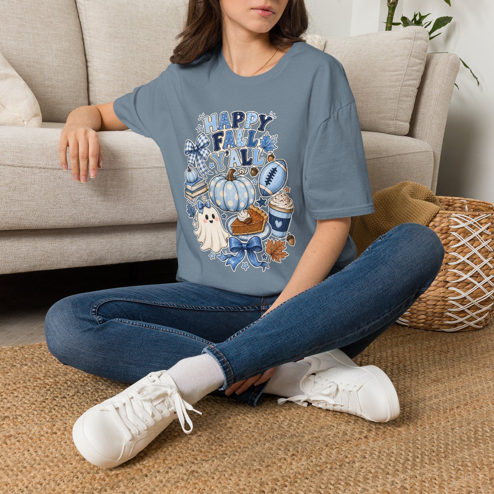 Happy Fall Y'all T-Shirt — Blue Pumpkin & Football Autumn Tee