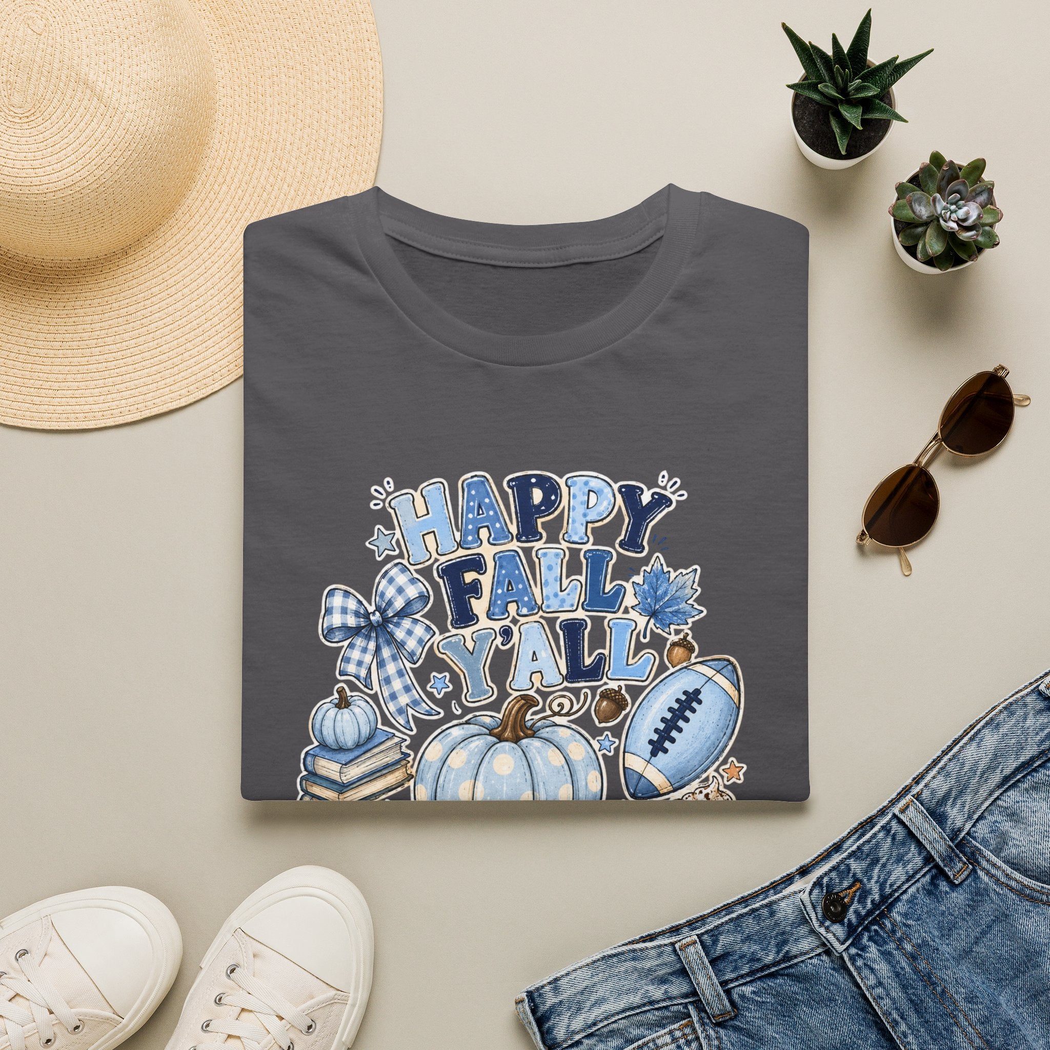 Happy Fall Y'all T-Shirt — Blue Pumpkin & Football Autumn Tee