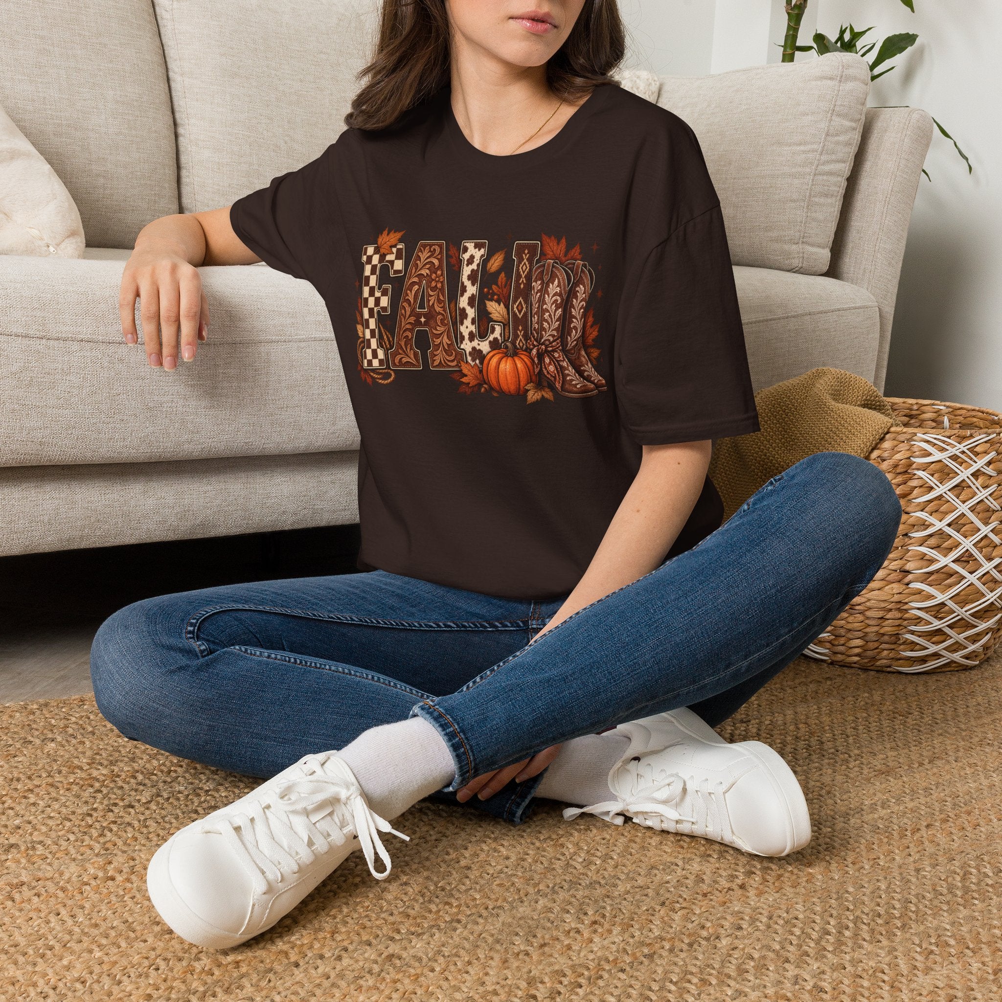 Fall Graphic T-Shirt — Pumpkin & Cowgirl Boots Autumn Tee