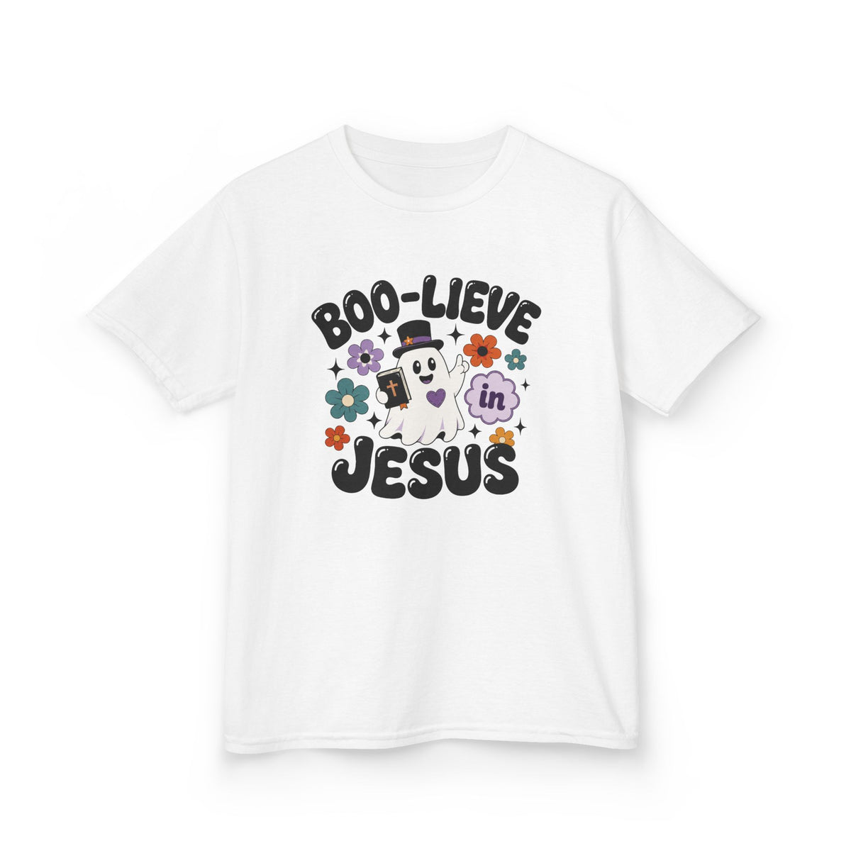 Kids Tee — "Boo-lieve in Jesus" Cute Halloween Ghost Christian Shirt