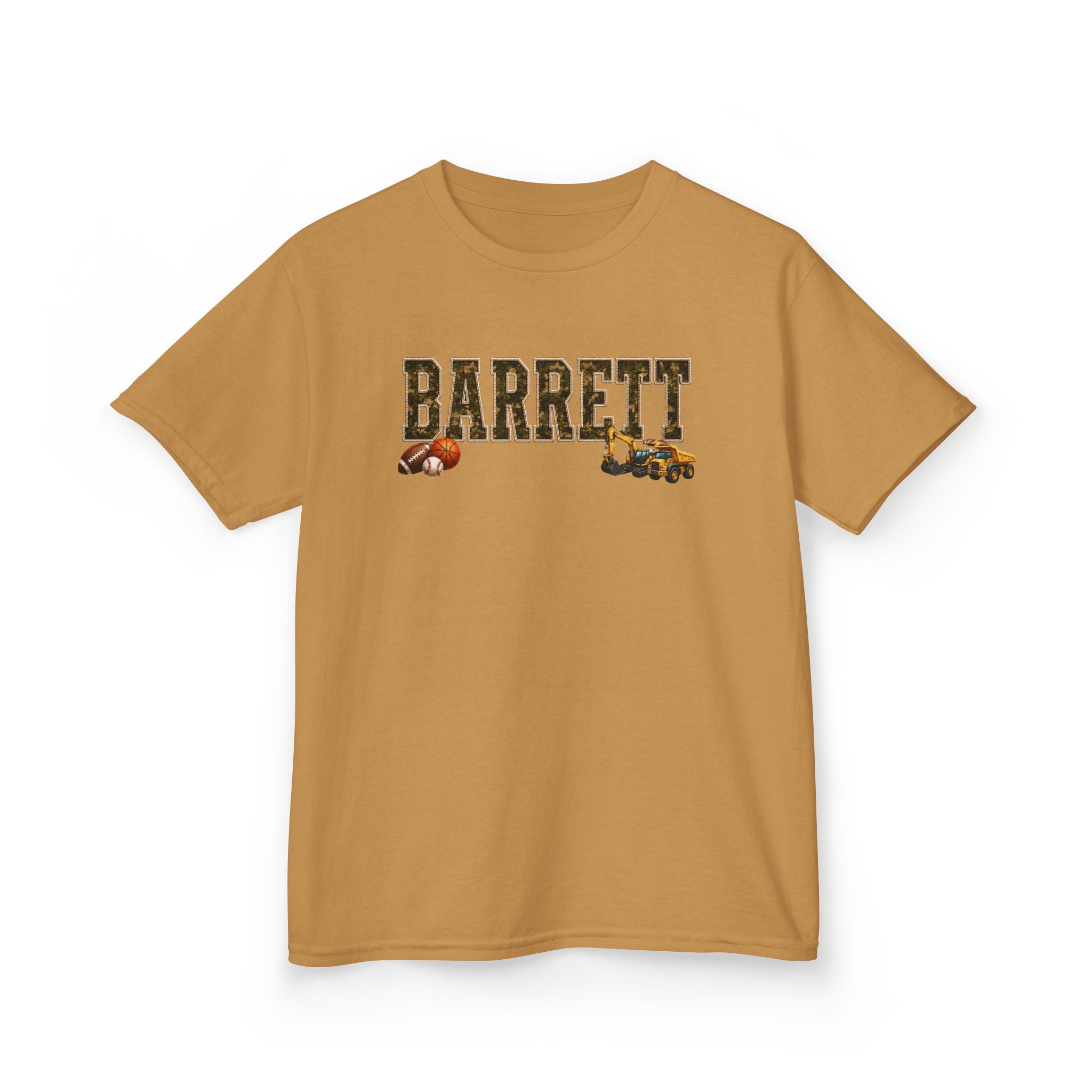 Barrett Kids Tee — Camo Name Shirt with Football & Truck Graphics