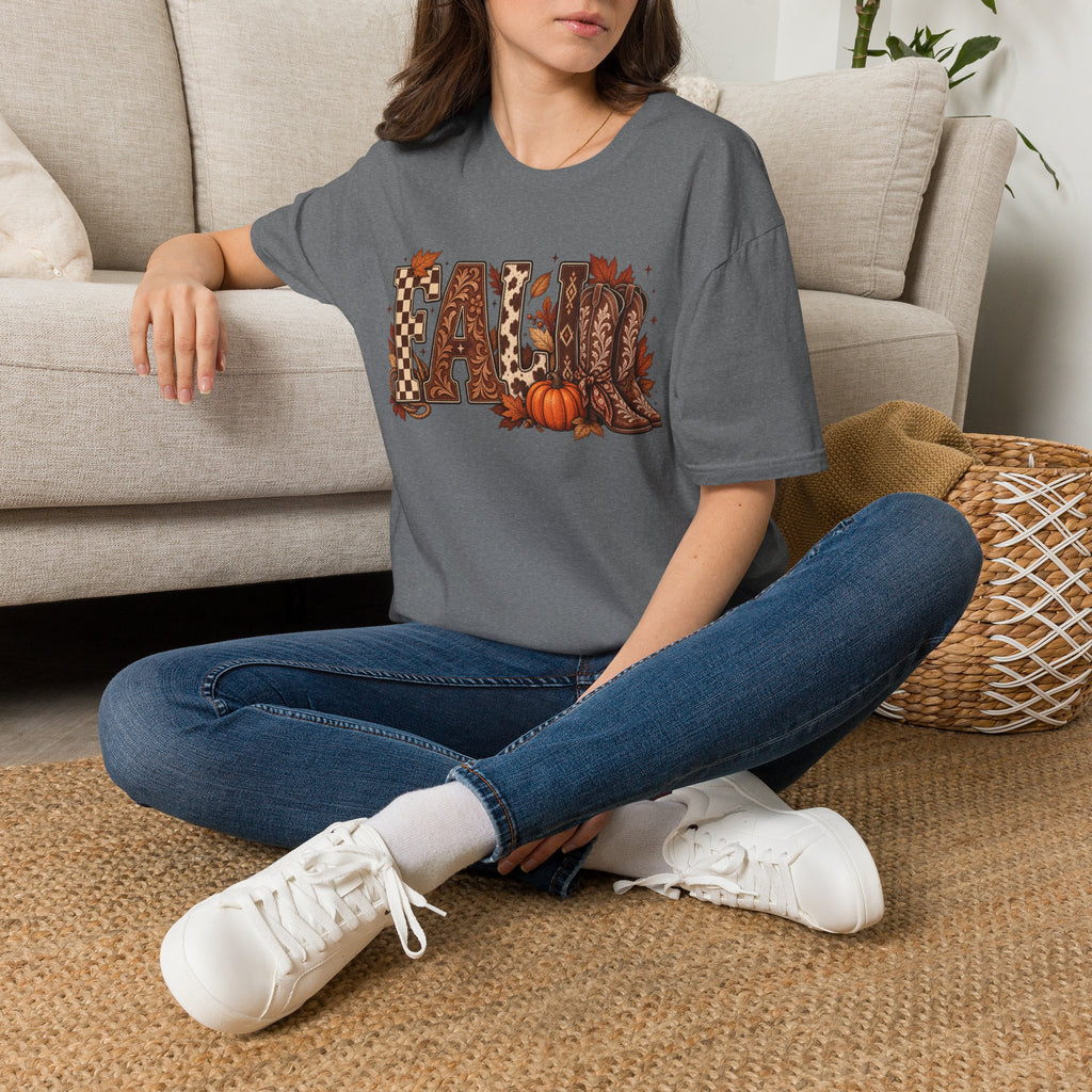 Fall Graphic T-Shirt — Pumpkin & Cowgirl Boots Autumn Tee