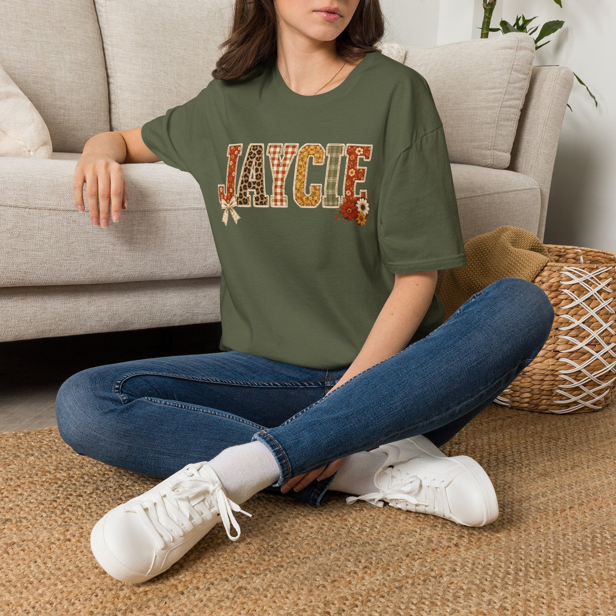 Personalized 'JAYCIE' Floral Plaid Name T-Shirt — Fall Patchwork Monogram Tee