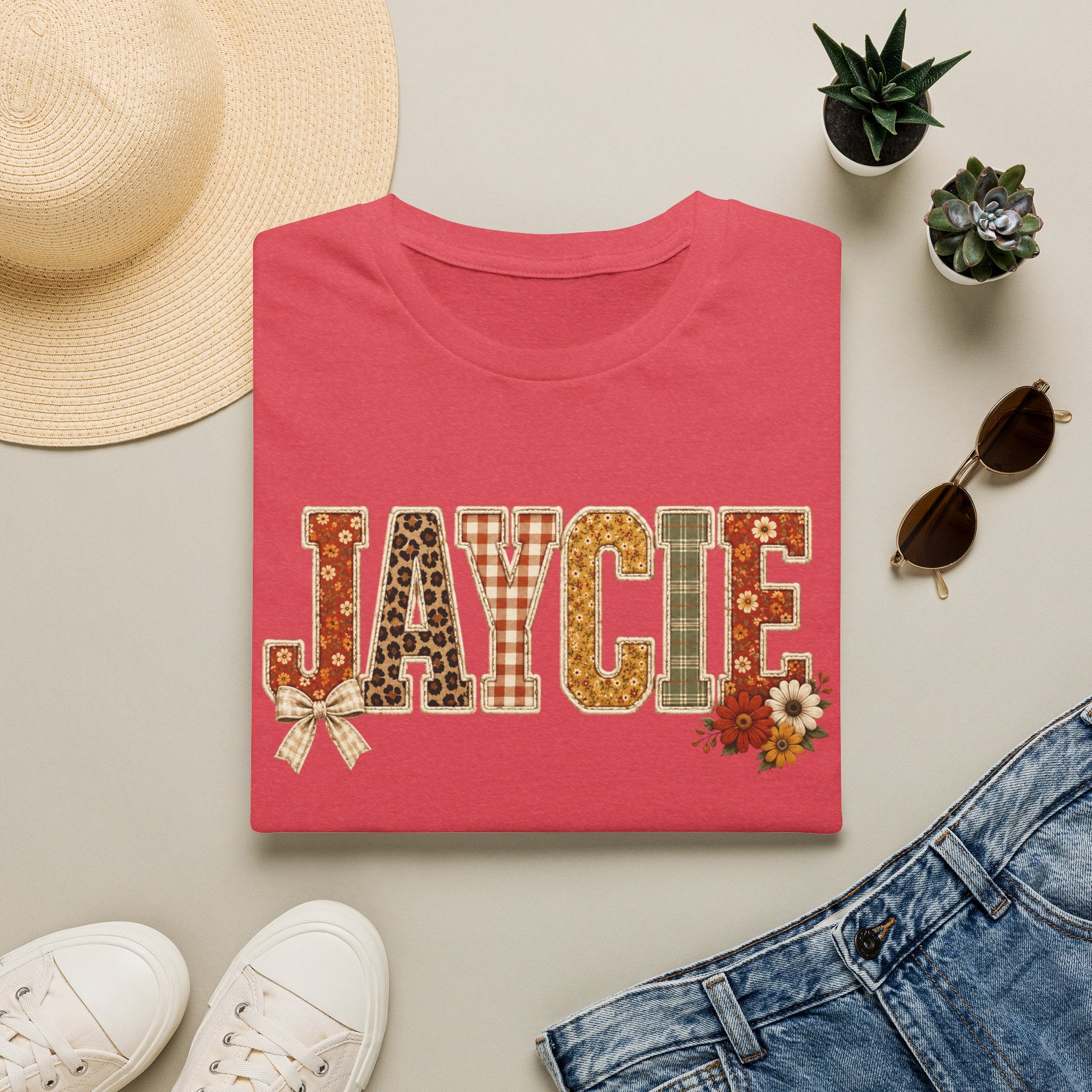 Personalized 'JAYCIE' Floral Plaid Name T-Shirt — Fall Patchwork Monogram Tee