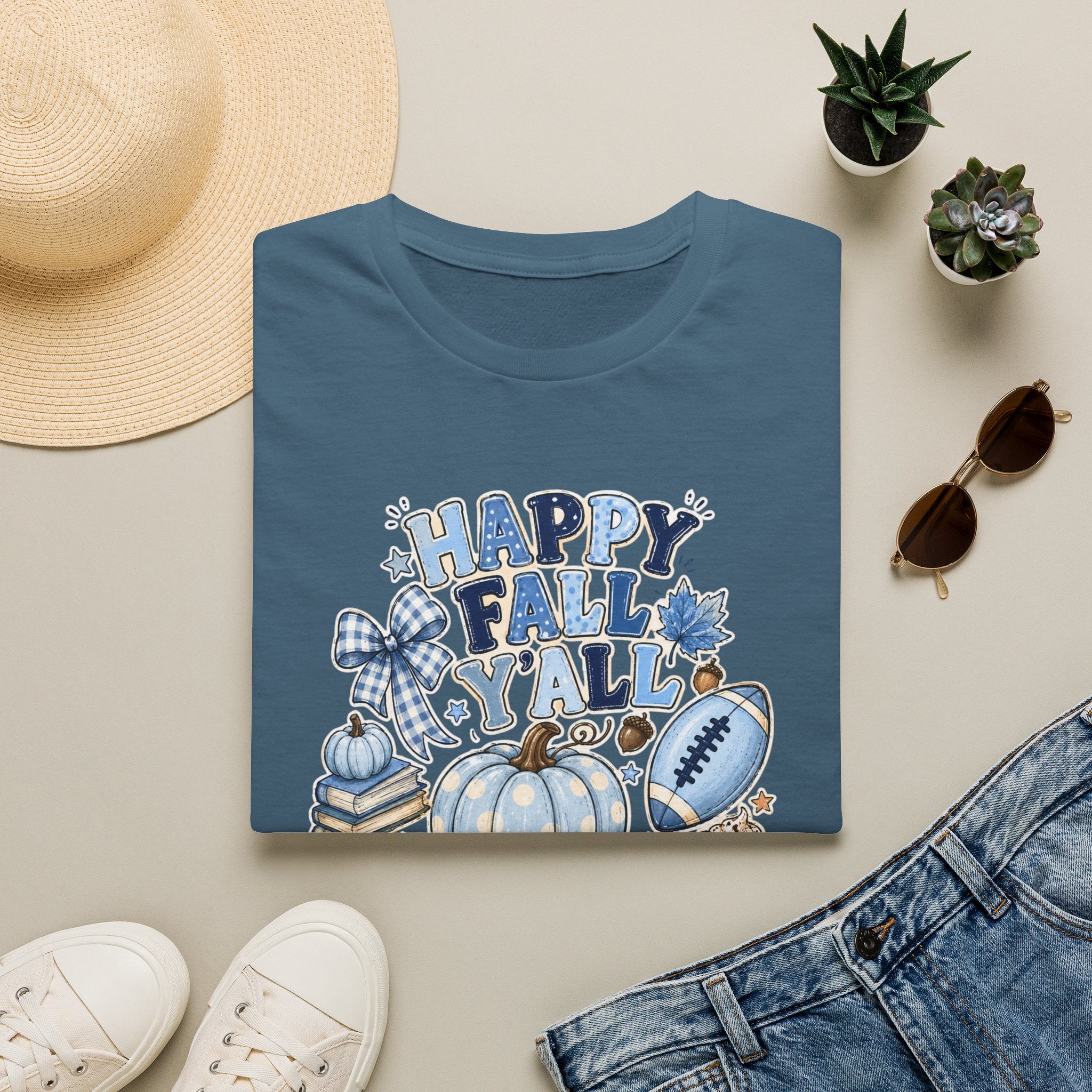 Happy Fall Y'all T-Shirt — Blue Pumpkin & Football Autumn Tee