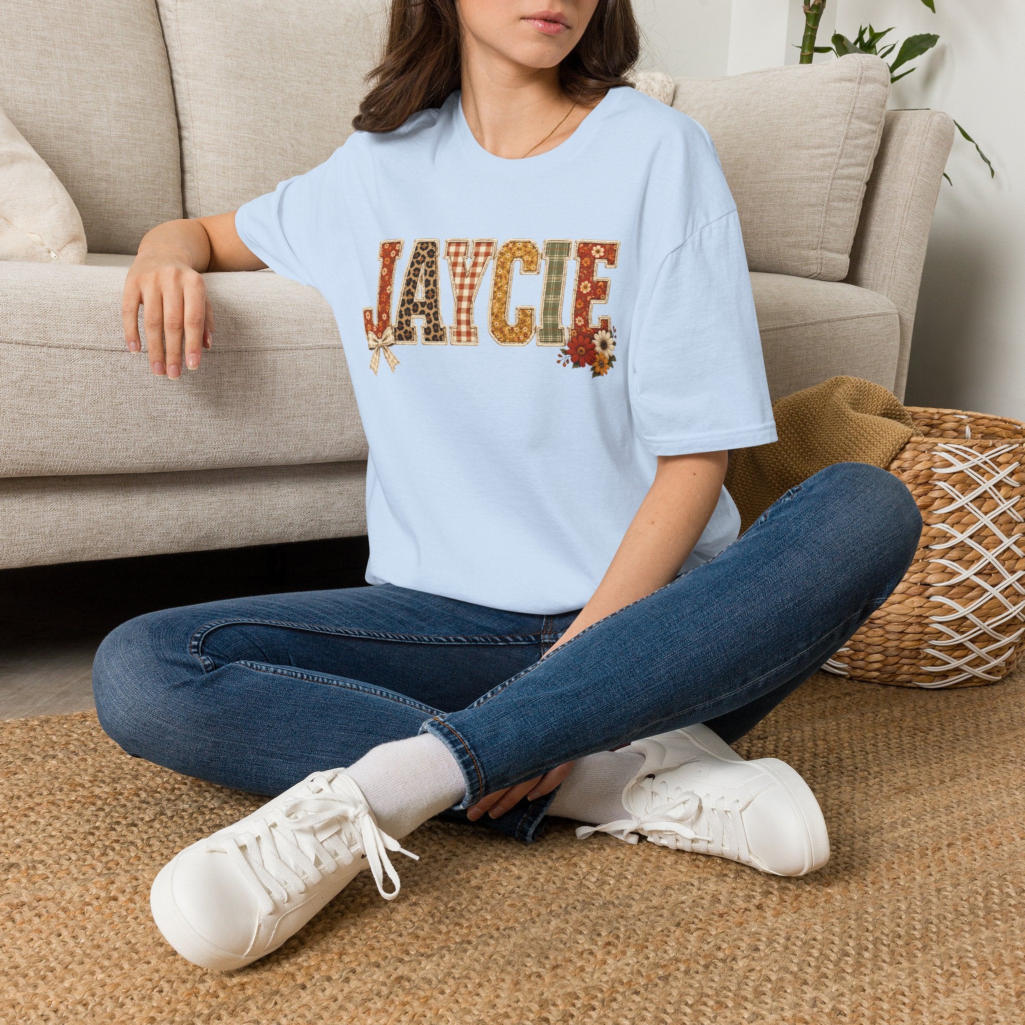 Personalized 'JAYCIE' Floral Plaid Name T-Shirt — Fall Patchwork Monogram Tee