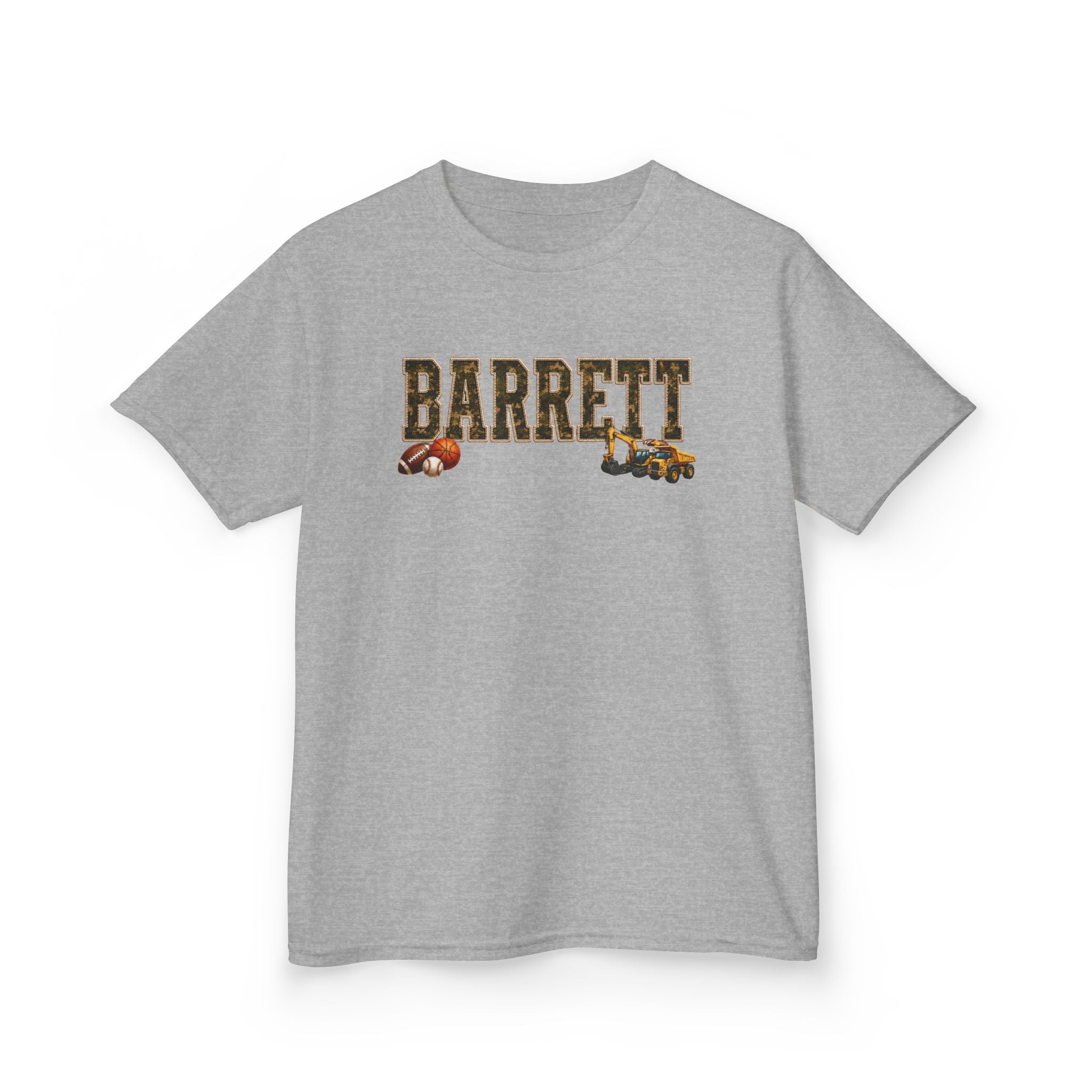 Barrett Kids Tee — Camo Name Shirt with Football & Truck Graphics