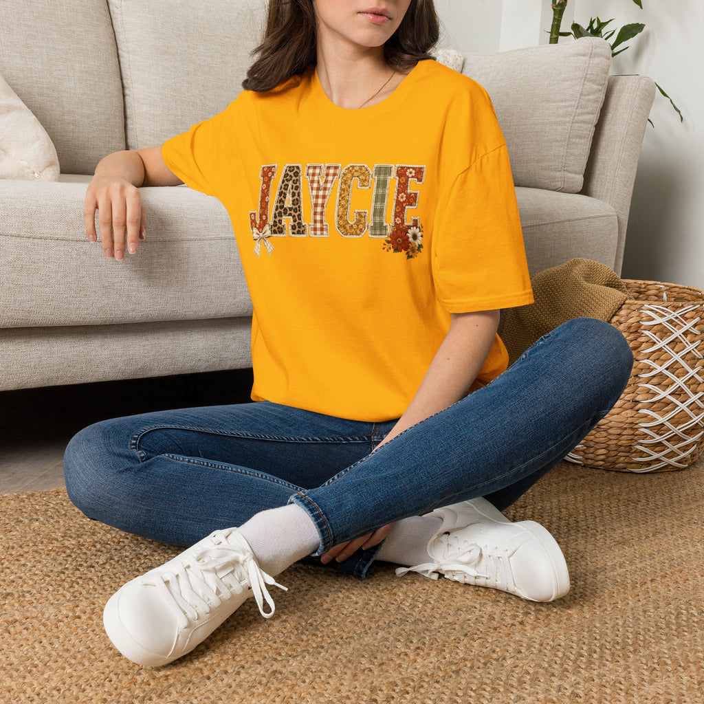 Personalized 'JAYCIE' Floral Plaid Name T-Shirt — Fall Patchwork Monogram Tee