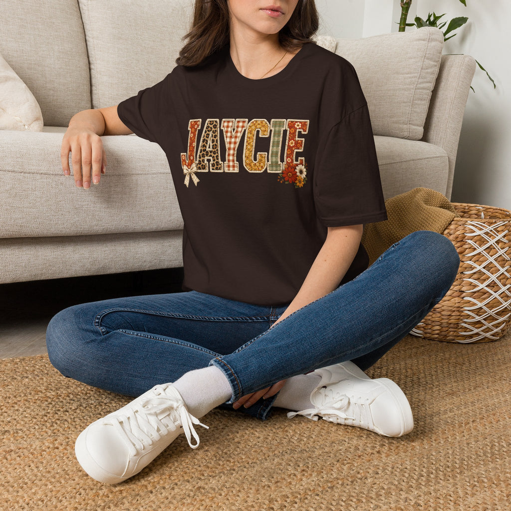 Personalized 'JAYCIE' Floral Plaid Name T-Shirt — Fall Patchwork Monogram Tee