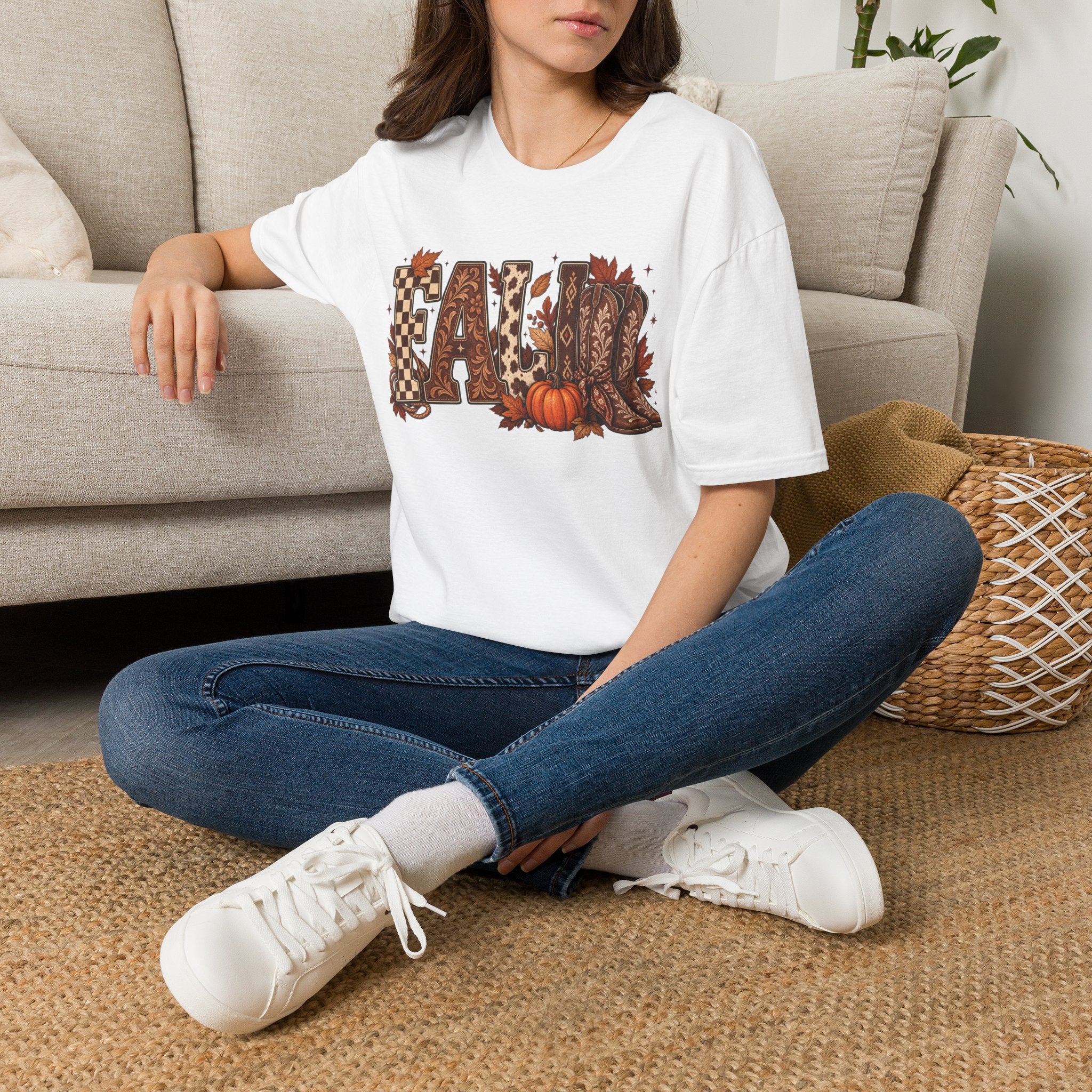 Fall Graphic T-Shirt — Pumpkin & Cowgirl Boots Autumn Tee