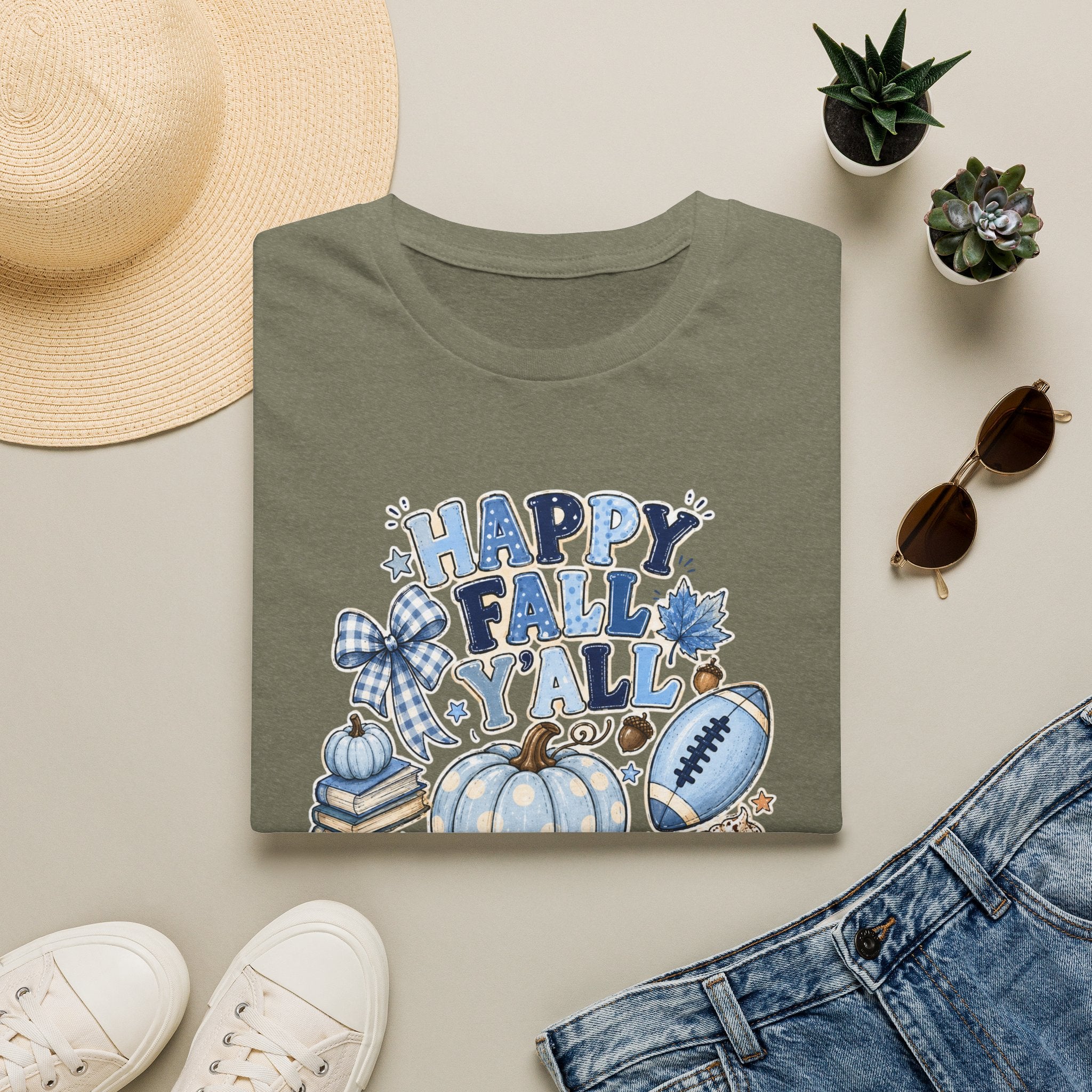 Happy Fall Y'all T-Shirt — Blue Pumpkin & Football Autumn Tee