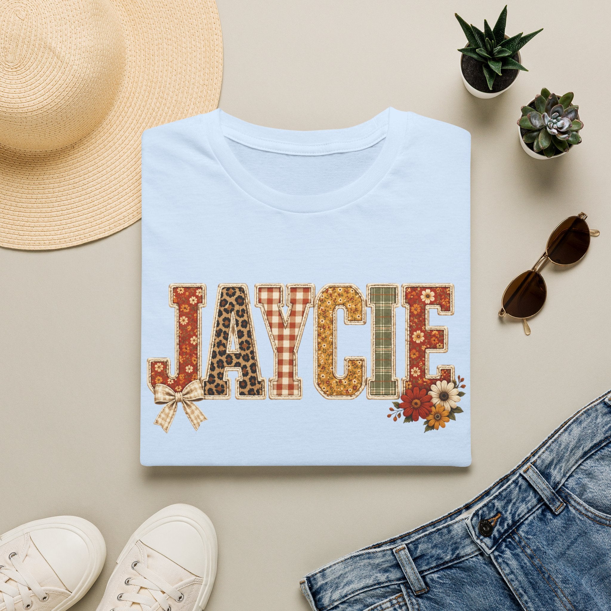 Personalized 'JAYCIE' Floral Plaid Name T-Shirt — Fall Patchwork Monogram Tee