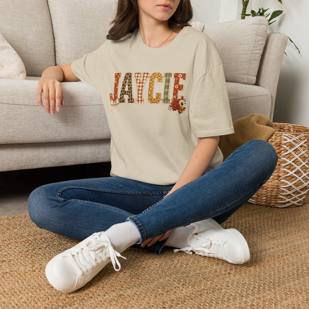 Personalized 'JAYCIE' Floral Plaid Name T-Shirt — Fall Patchwork Monogram Tee