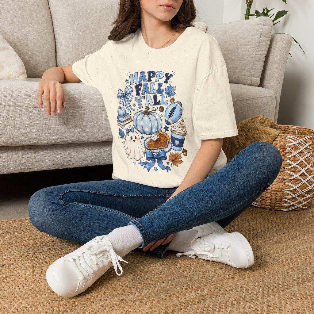 Happy Fall Y'all T-Shirt — Blue Pumpkin & Football Autumn Tee