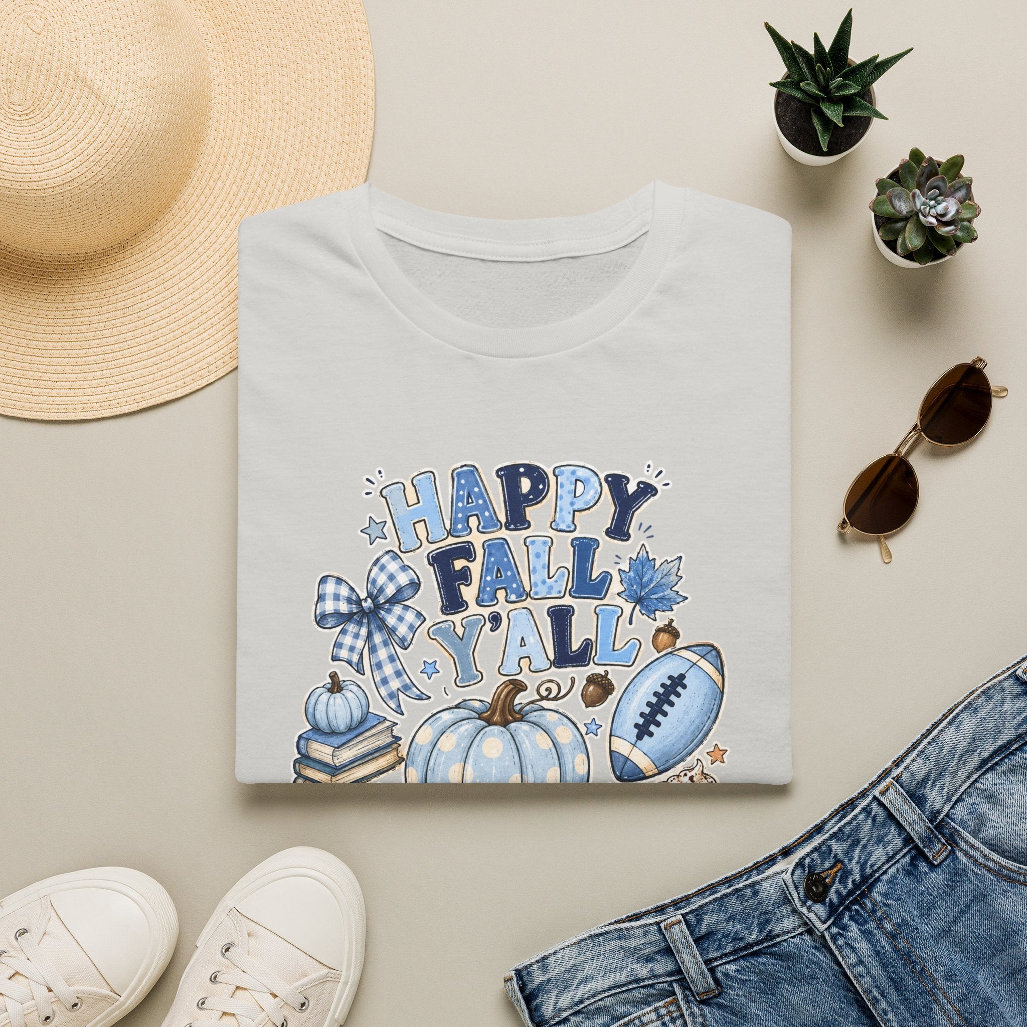 Happy Fall Y'all T-Shirt — Blue Pumpkin & Football Autumn Tee