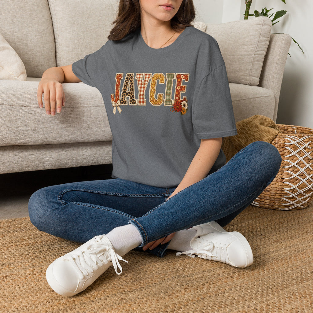 Personalized 'JAYCIE' Floral Plaid Name T-Shirt — Fall Patchwork Monogram Tee