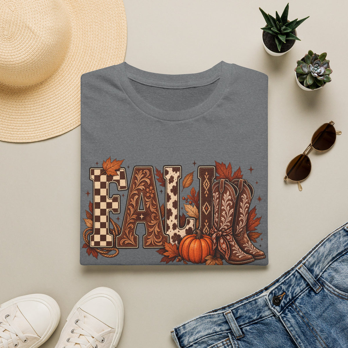 Fall Graphic T-Shirt — Pumpkin & Cowgirl Boots Autumn Tee