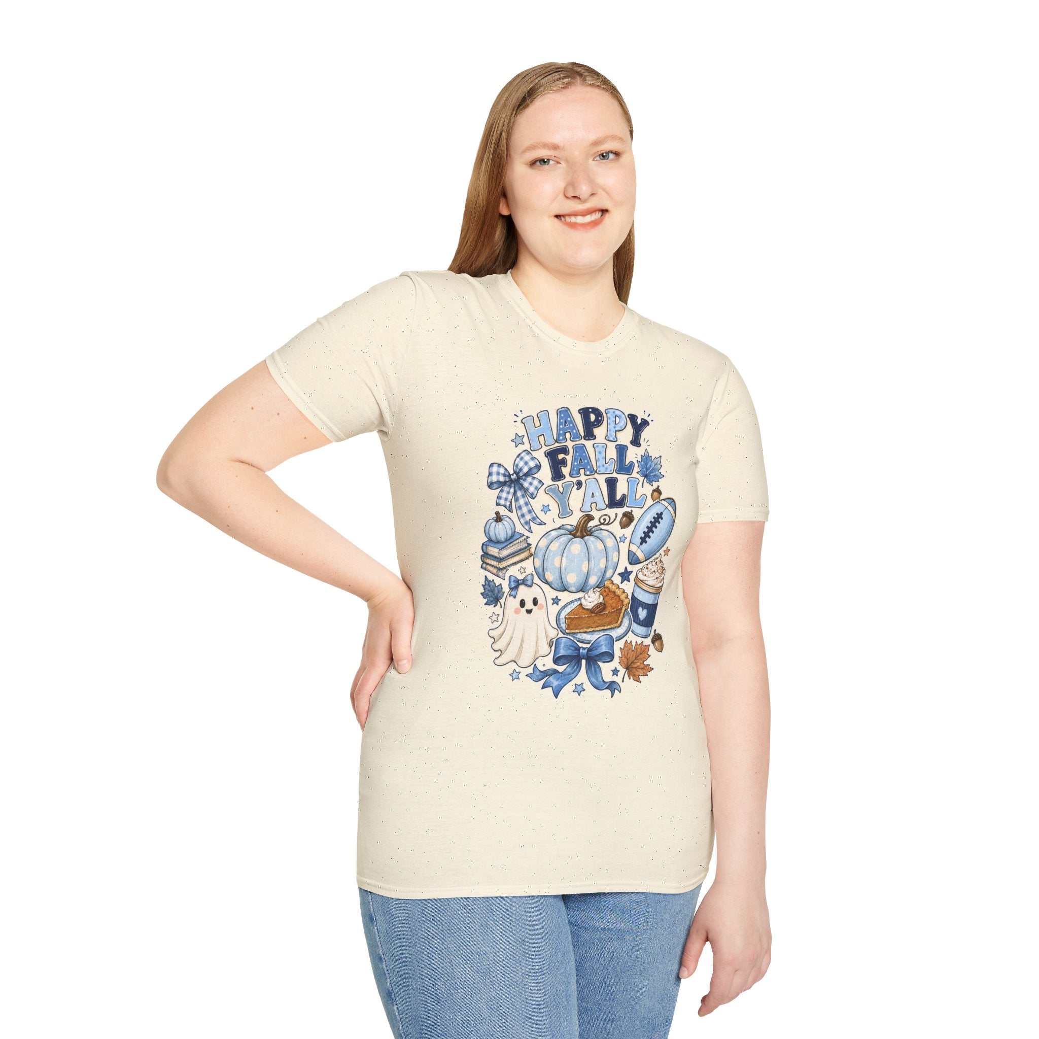 Happy Fall Y'all T-Shirt — Blue Pumpkin & Football Autumn Tee