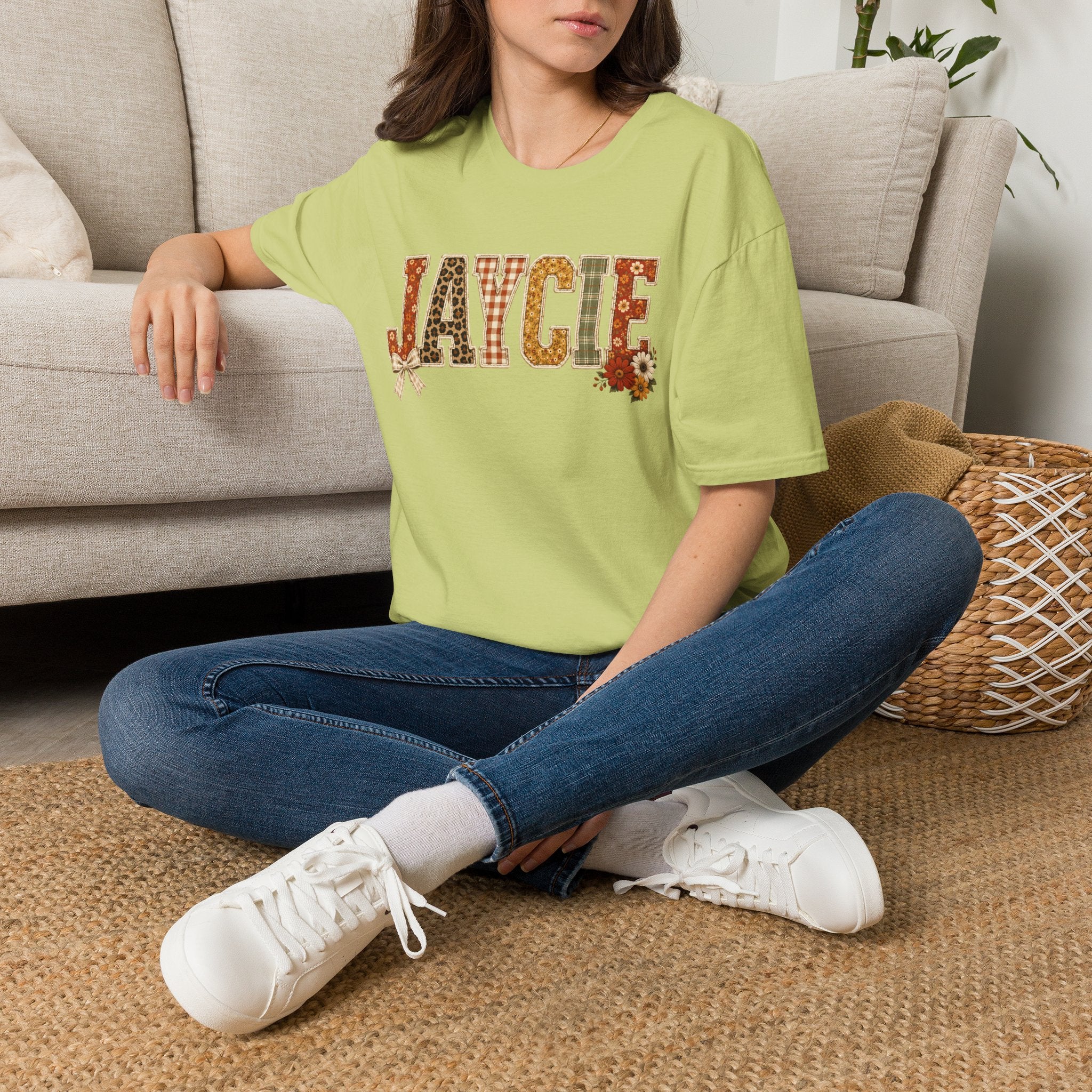 Personalized 'JAYCIE' Floral Plaid Name T-Shirt — Fall Patchwork Monogram Tee