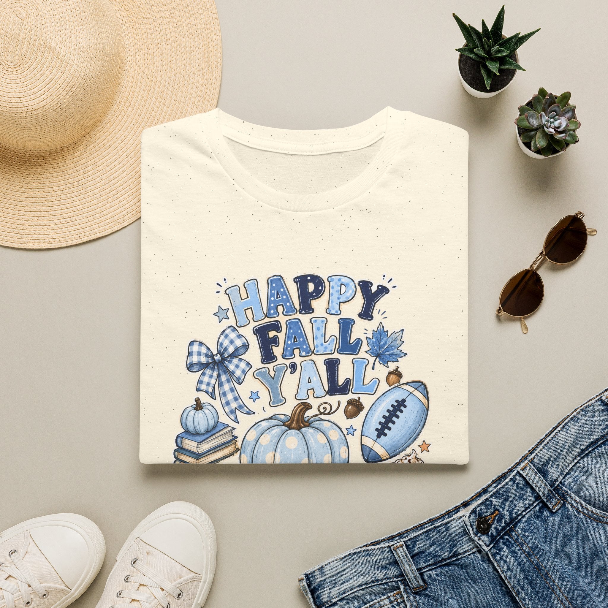 Happy Fall Y'all T-Shirt — Blue Pumpkin & Football Autumn Tee