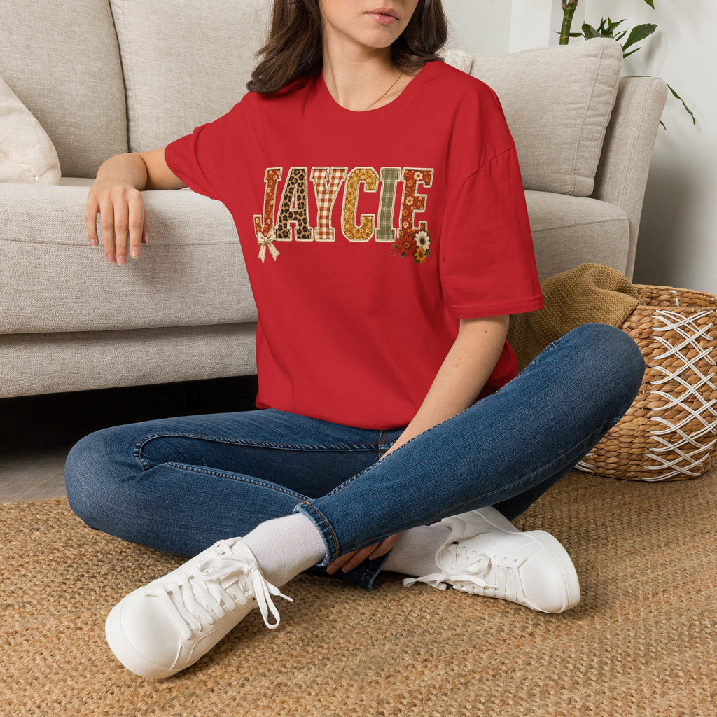 Personalized 'JAYCIE' Floral Plaid Name T-Shirt — Fall Patchwork Monogram Tee