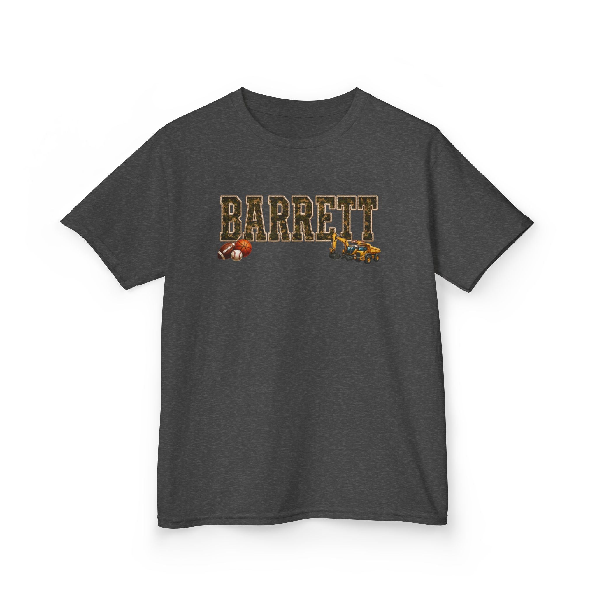Barrett Kids Tee — Camo Name Shirt with Football & Truck Graphics