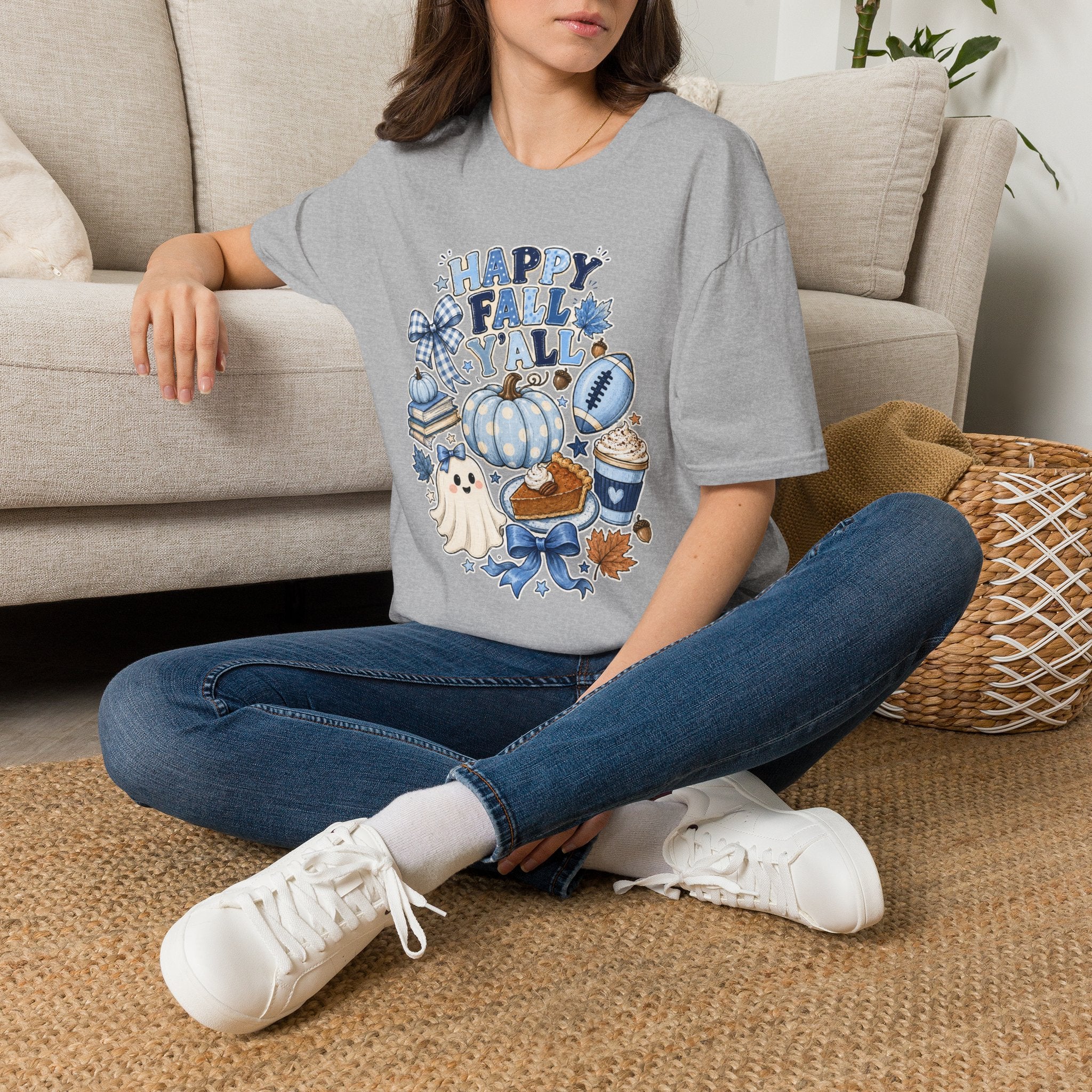 Happy Fall Y'all T-Shirt — Blue Pumpkin & Football Autumn Tee