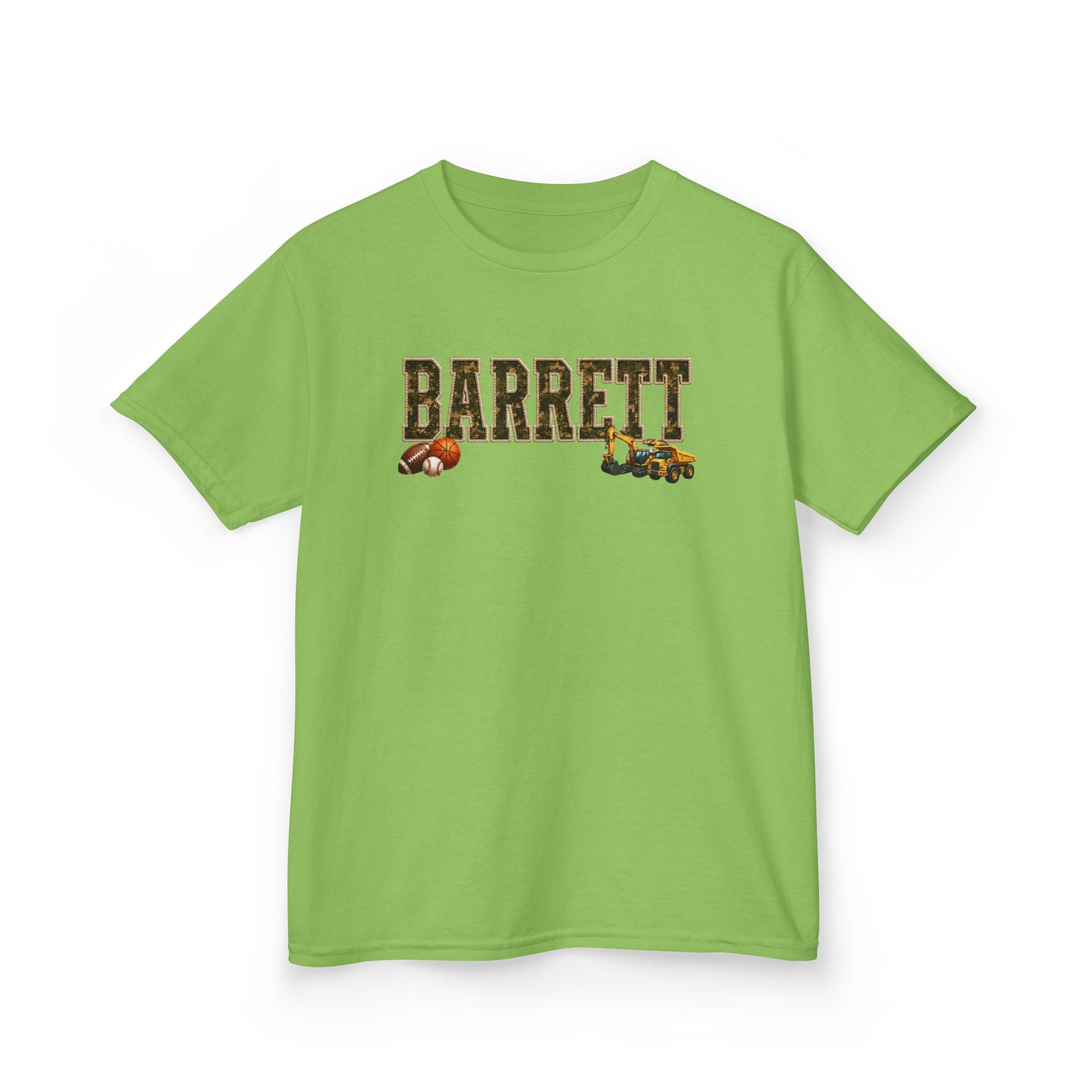 Barrett Kids Tee — Camo Name Shirt with Football & Truck Graphics