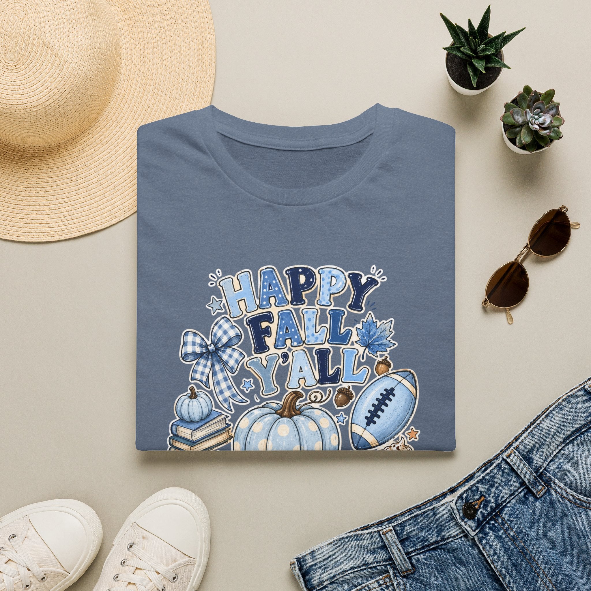 Happy Fall Y'all T-Shirt — Blue Pumpkin & Football Autumn Tee