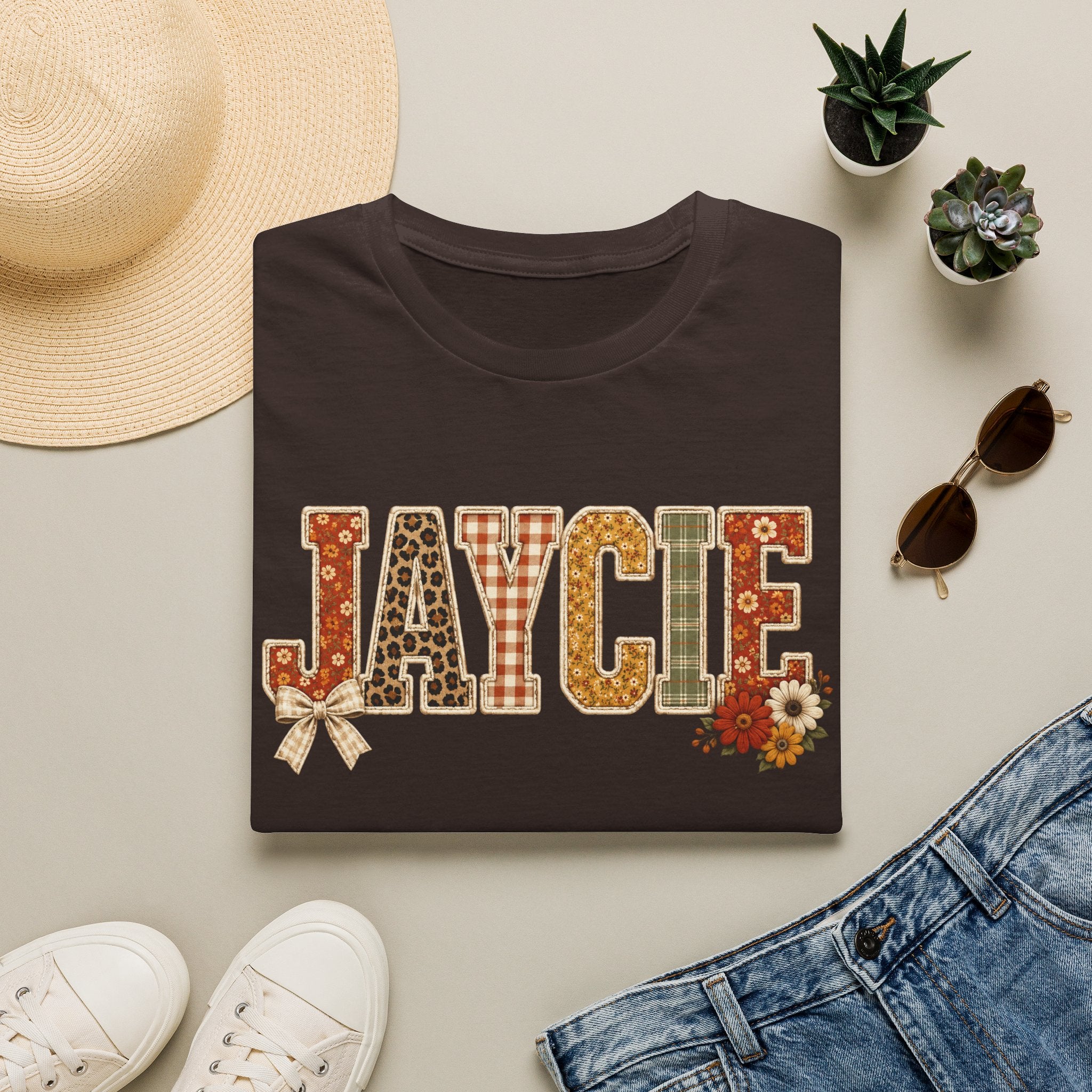 Personalized 'JAYCIE' Floral Plaid Name T-Shirt — Fall Patchwork Monogram Tee