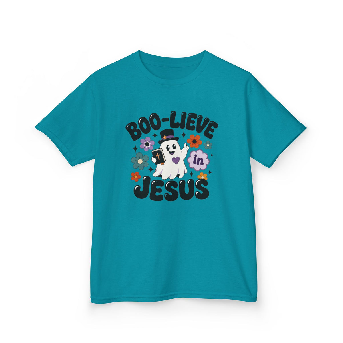 Kids Tee — "Boo-lieve in Jesus" Cute Halloween Ghost Christian Shirt