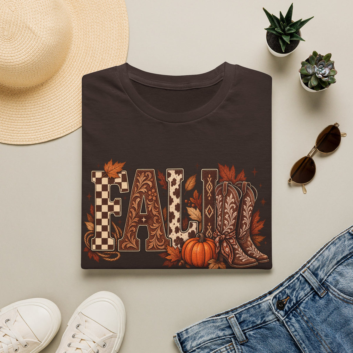 Fall Graphic T-Shirt — Pumpkin & Cowgirl Boots Autumn Tee