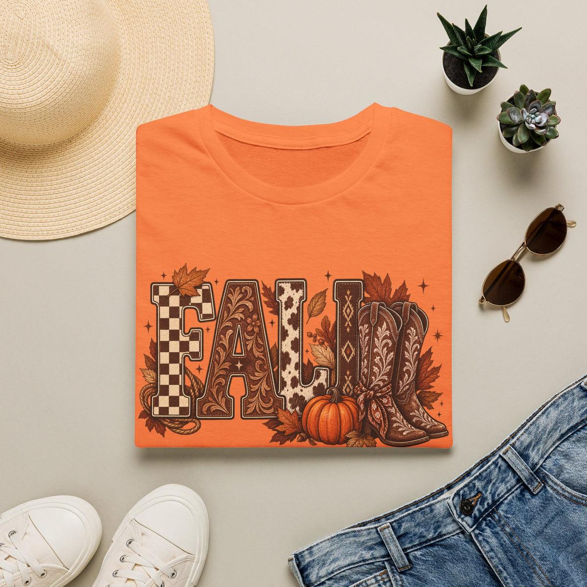 Fall Graphic T-Shirt — Pumpkin & Cowgirl Boots Autumn Tee