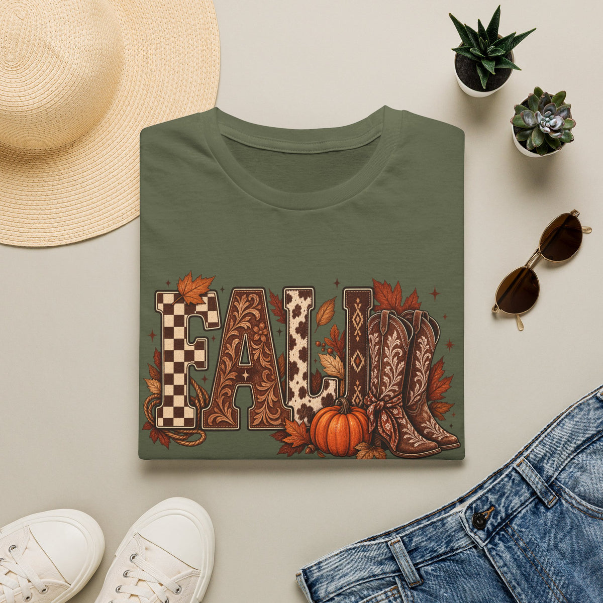Fall Graphic T-Shirt — Pumpkin & Cowgirl Boots Autumn Tee