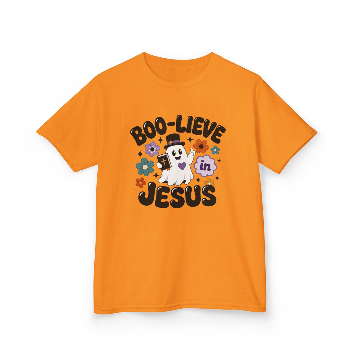 Kids Tee — "Boo-lieve in Jesus" Cute Halloween Ghost Christian Shirt
