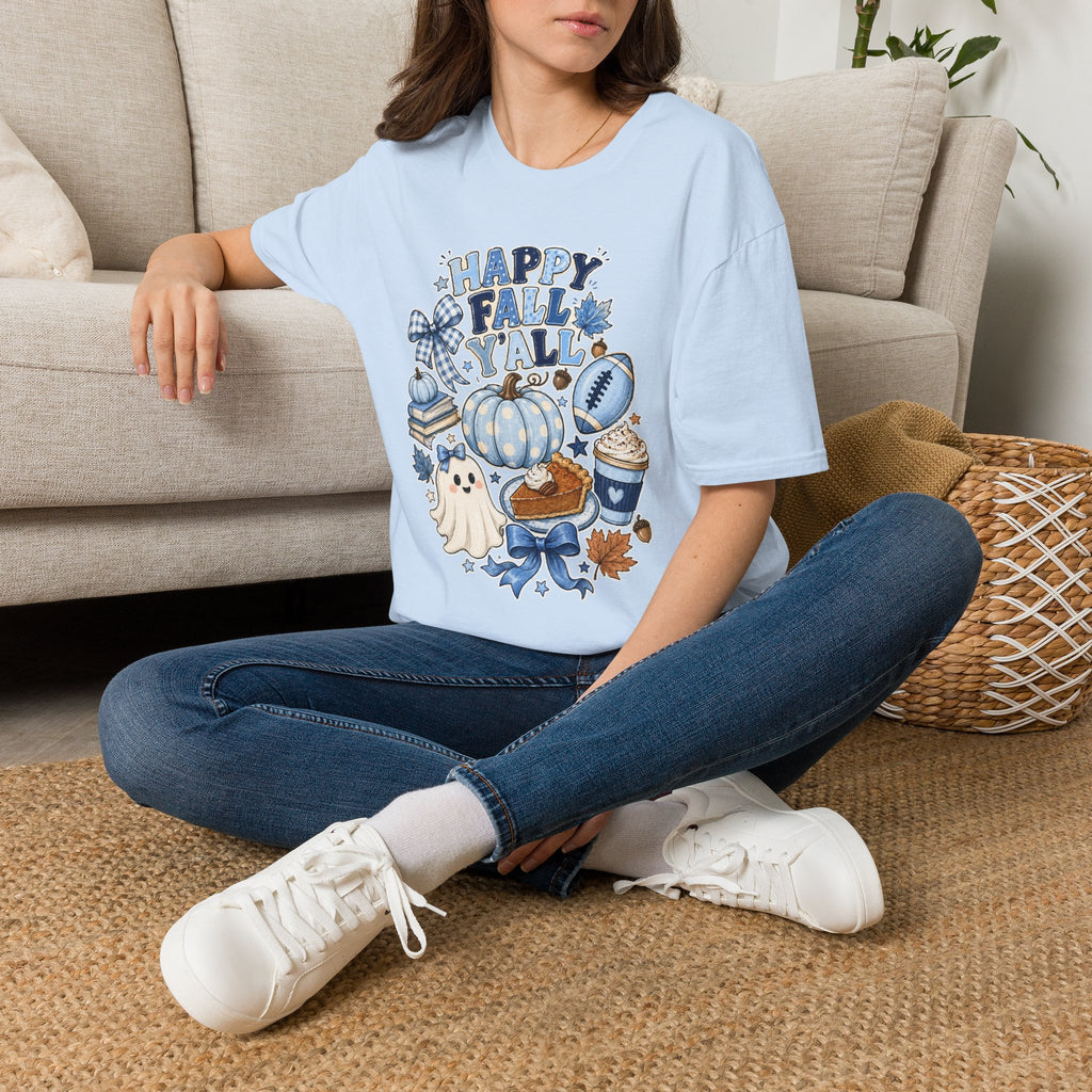 Happy Fall Y'all T-Shirt — Blue Pumpkin & Football Autumn Tee