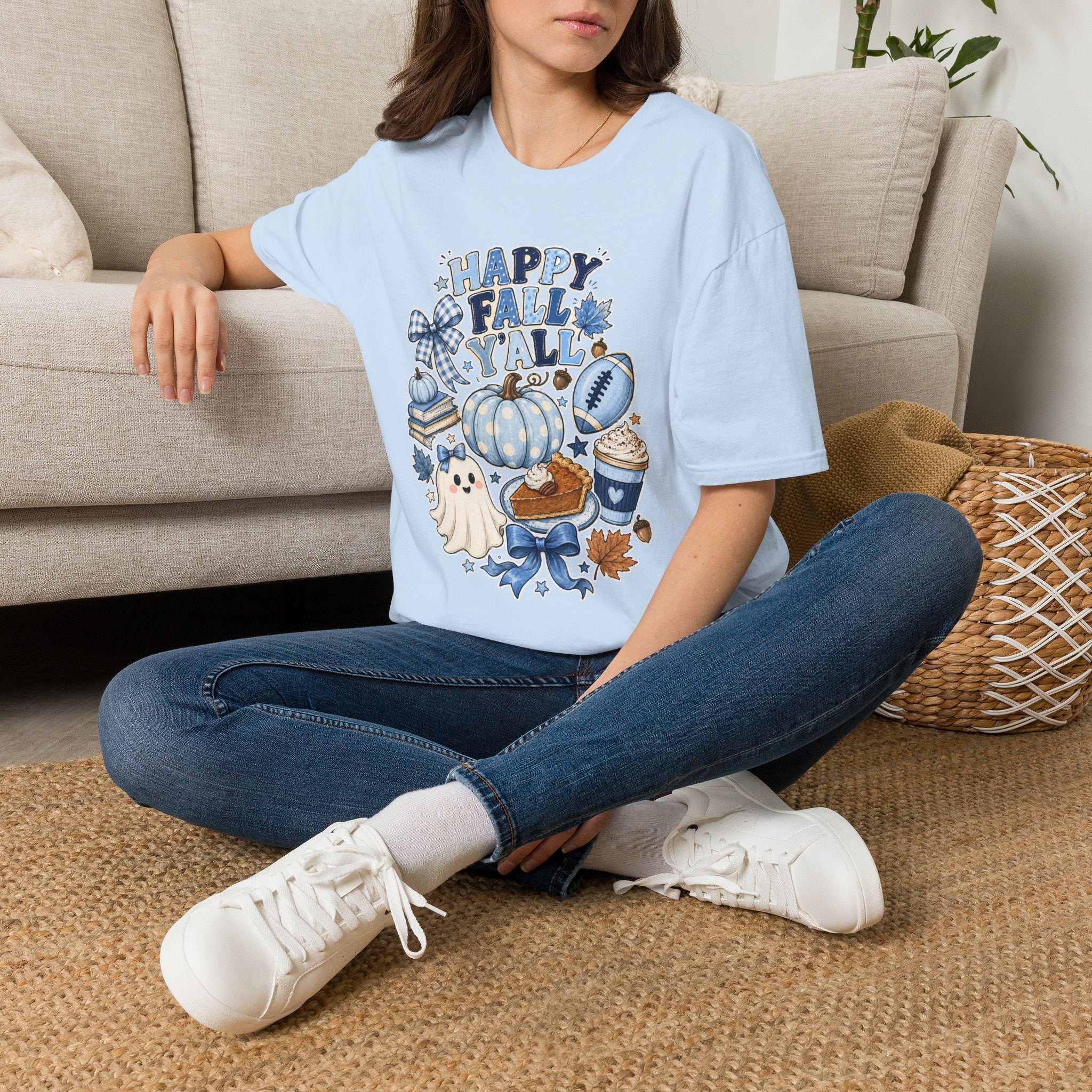 Happy Fall Y'all T-Shirt — Blue Pumpkin & Football Autumn Tee