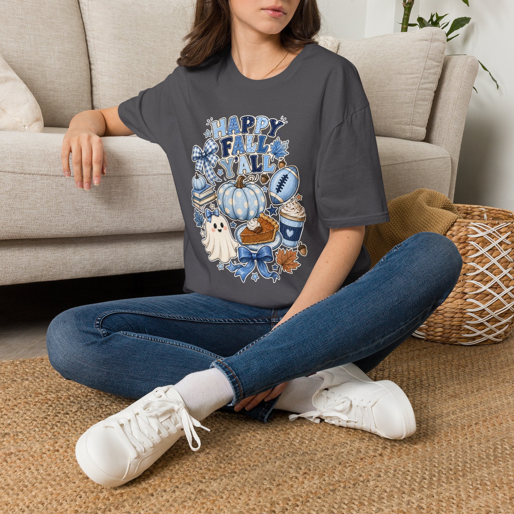 Happy Fall Y'all T-Shirt — Blue Pumpkin & Football Autumn Tee