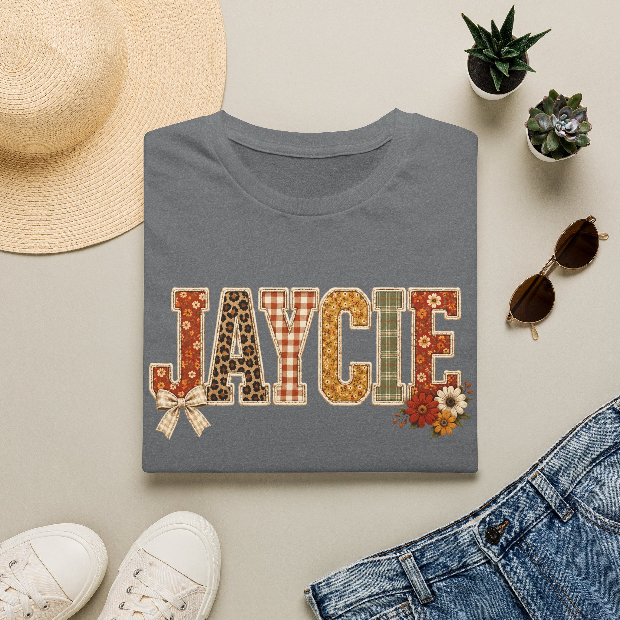 Personalized 'JAYCIE' Floral Plaid Name T-Shirt — Fall Patchwork Monogram Tee